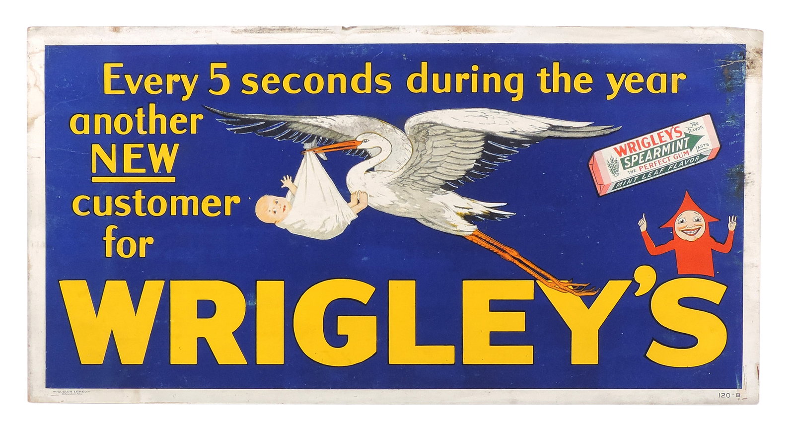 Wrigley's Chewing Gum Trolley Sign, cardboard, featuring new customer/stork delivering a baby/W... (1 of 2)