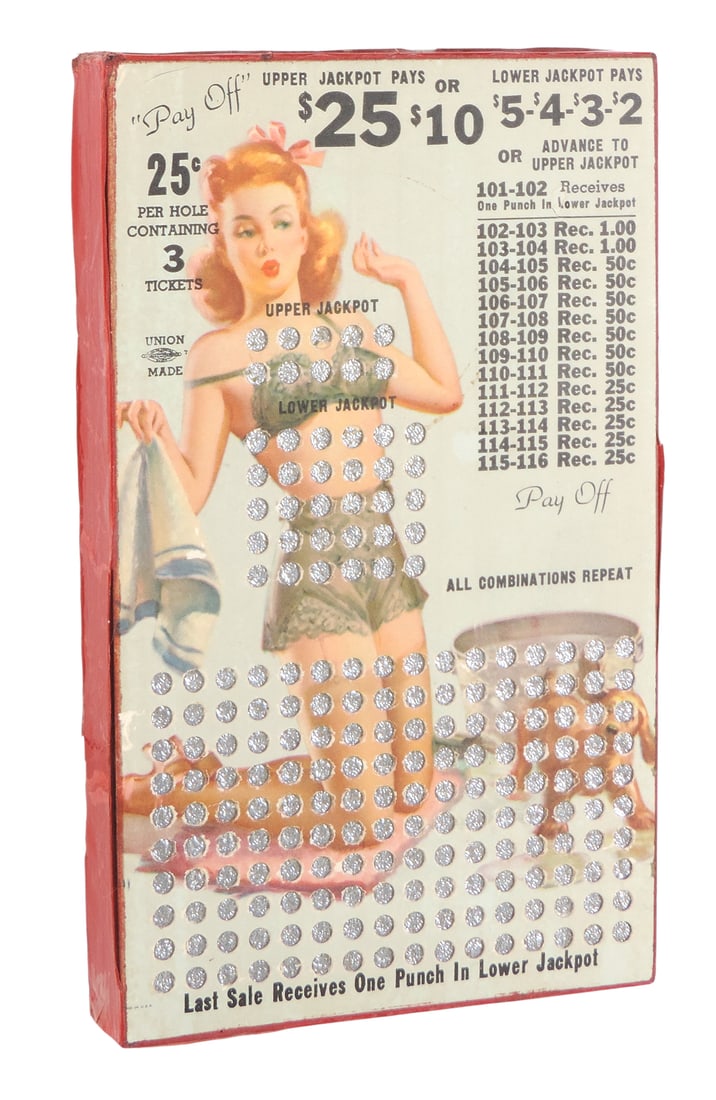 Pay Off Gambling Punch Board, Union Made, Serial No. 38638, made in USA, c. 1930-1940s, NOS, H 9.25: Pay Off Gambling Punch Board, Union Made, Serial No. 38638, made in USA, c. 1930-1940s, NOS, H 9.25 x W 5.5 in.