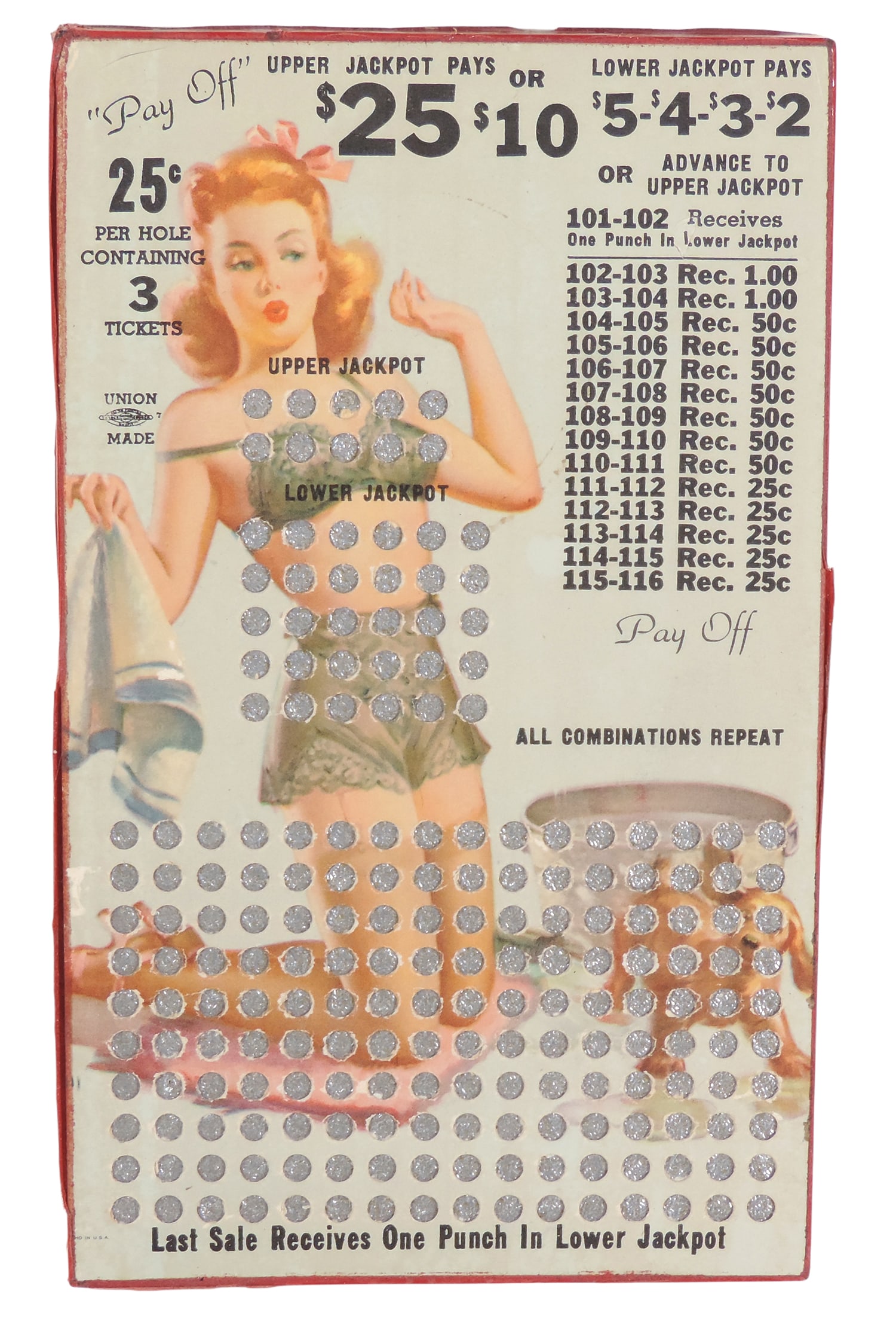 Pay Off Gambling Punch Board, Union Made, Serial No. 38638, made in USA, c. 1930-1940s, NOS, H 9.25 - 2