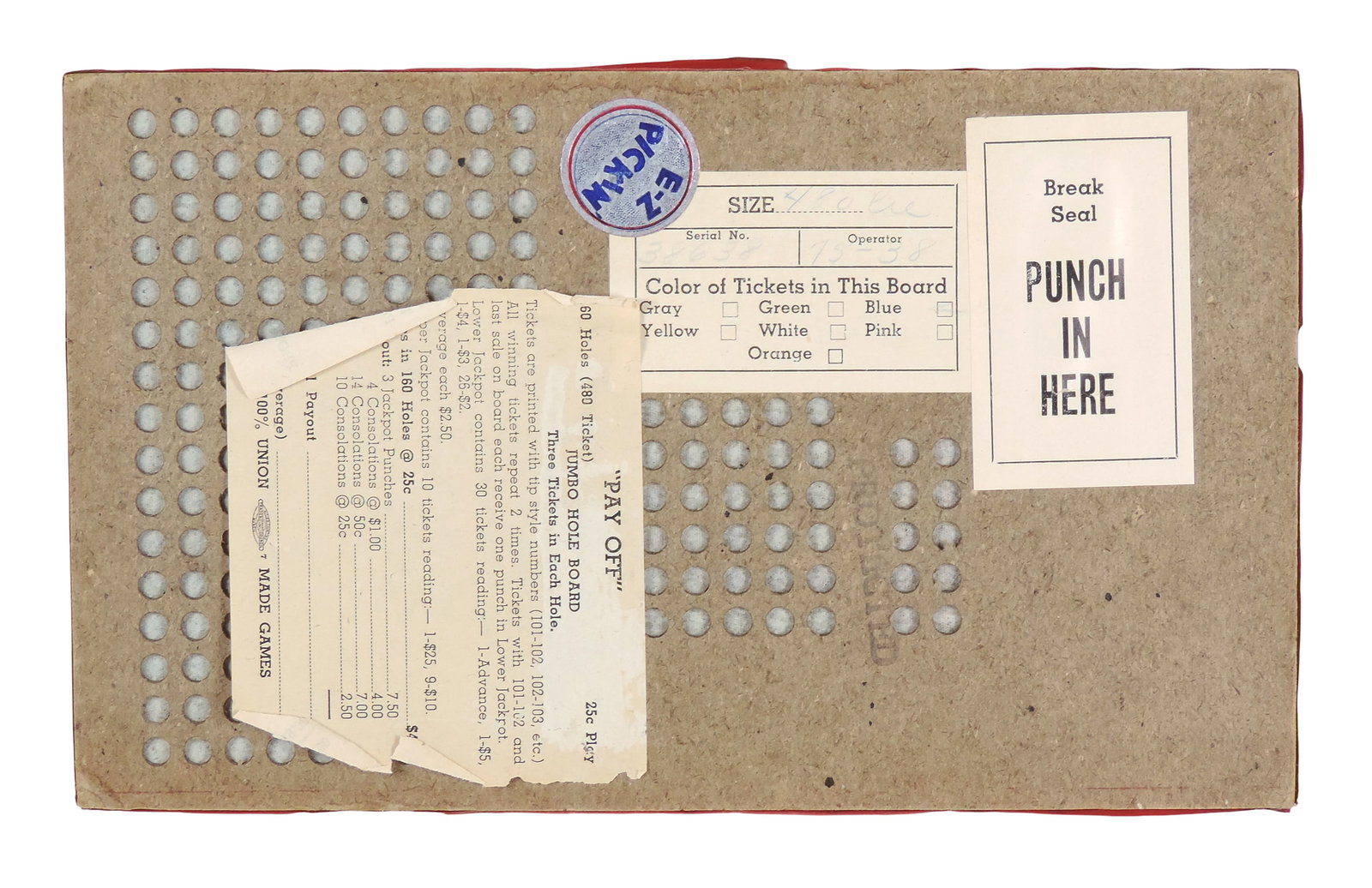 Pay Off Gambling Punch Board, Union Made, Serial No. 38638, made in USA, c. 1930-1940s, NOS, H 9.25 - 3