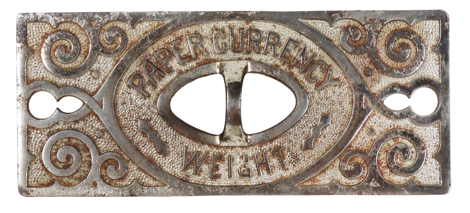National Cash Register Paper Currency Weight, nickel-plated brass w/cutouts & scroll design, handle: National Cash Register Paper Currency Weight, nickel-plated brass w/cutouts & scroll design, handle at center, VG cond w/minor plating wear, H 3 x W 6 7/8 W.