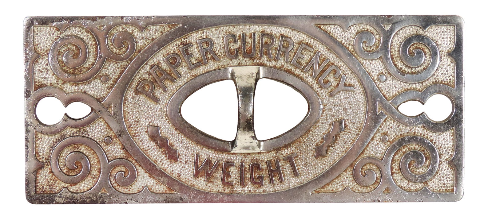 National Cash Register Paper Currency Weight, nickel-plated brass w/cutouts & scroll design, handle: National Cash Register Paper Currency Weight, nickel-plated brass w/cutouts & scroll design, handle at center, VG cond w/minor plating wear, H 3 x W 6 7/8 W.