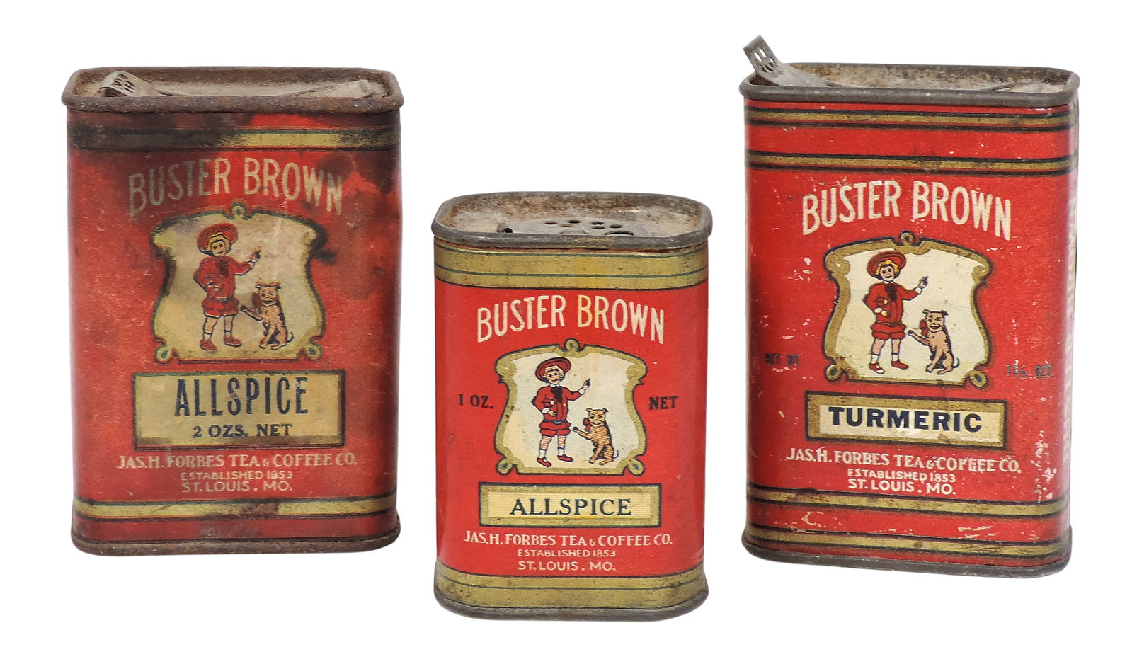 Buster Brown Spice Tins (3), Jas. H. Forbes Tea & Coffee Co., St. Louis, MO-USA, litho label w/me... (1 of 2)