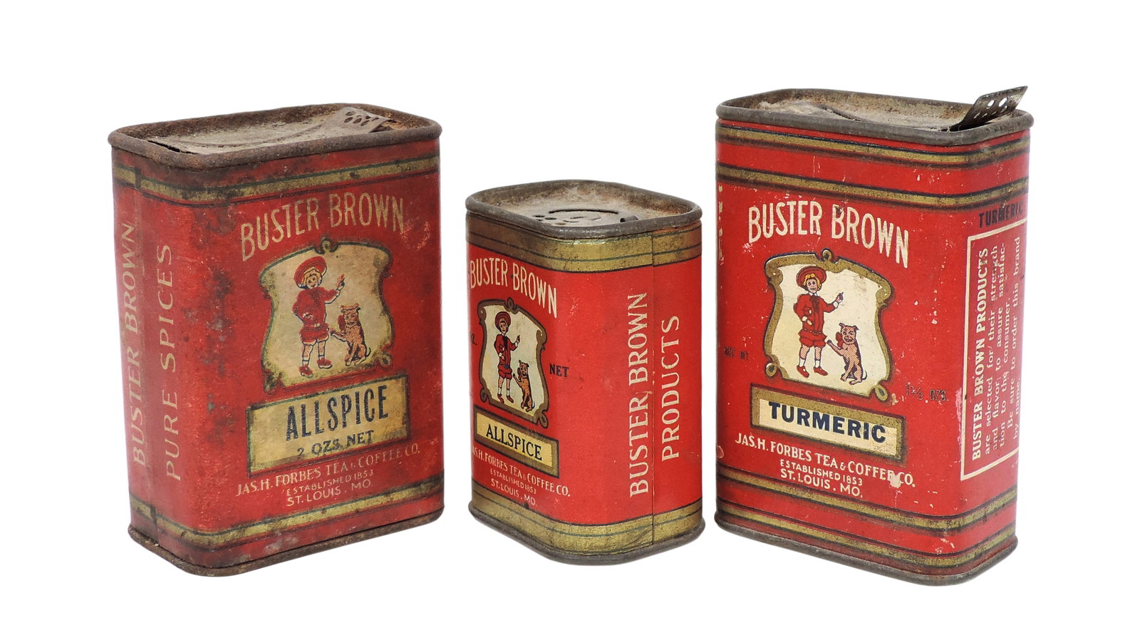 Buster Brown Spice Tins (3), Jas. H. Forbes Tea & Coffee Co., St. Louis, MO, colorful litho w/metal - 2