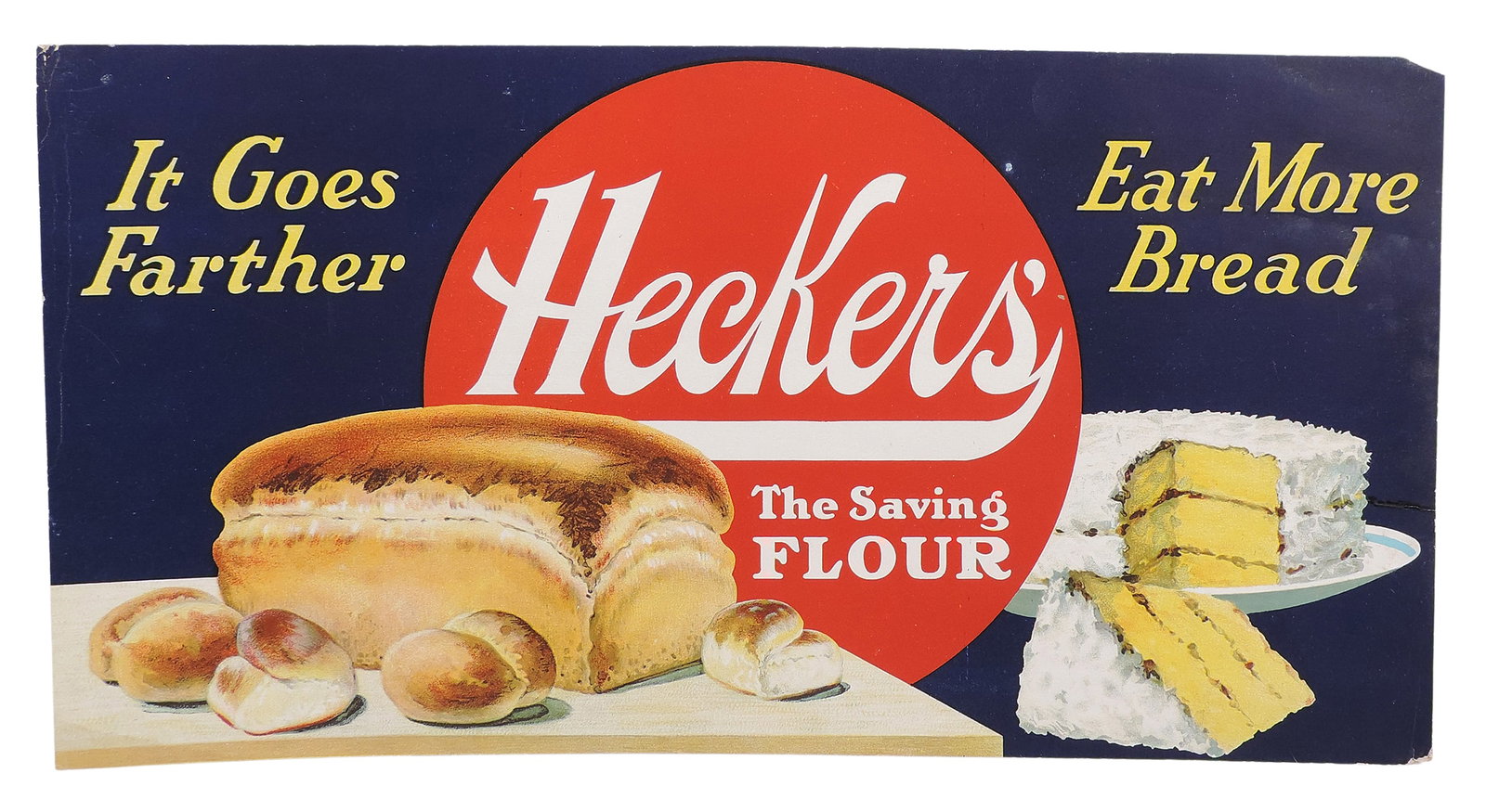 Heckers' The Saving Flour Sign, a staple in the Northeast U.S. for over 150 years, colorful car...: Heckers' The Saving Flour Sign, a staple in the Northeast U.S. for over 150 years, colorful cardstock w/great graphic, c. early 1900s, VG cond w/some age-related wear to edges, H 10.25 x W 20 in.