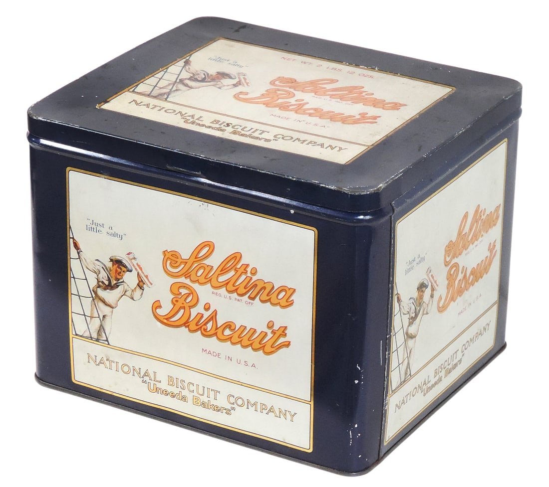 Saltina Biscuit Tin Canister, National Biscuit Co., Uneeda Bakers, Net Weight 2 lbs 12 oz, made i...: Saltina Biscuit Tin Canister, National Biscuit Co., Uneeda Bakers, Net Weight 2 lbs 12 oz, made in USA, litho on tin, hinged lid does have a couple dents but is operational, 2 small dents on one side 