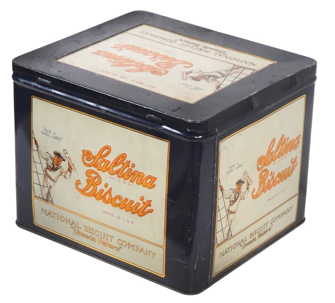 Saltina Biscuit Tin Canister, National Biscuit Co., Uneeda Bakers, Net Weight 2 lbs 12 oz, made i... - 2