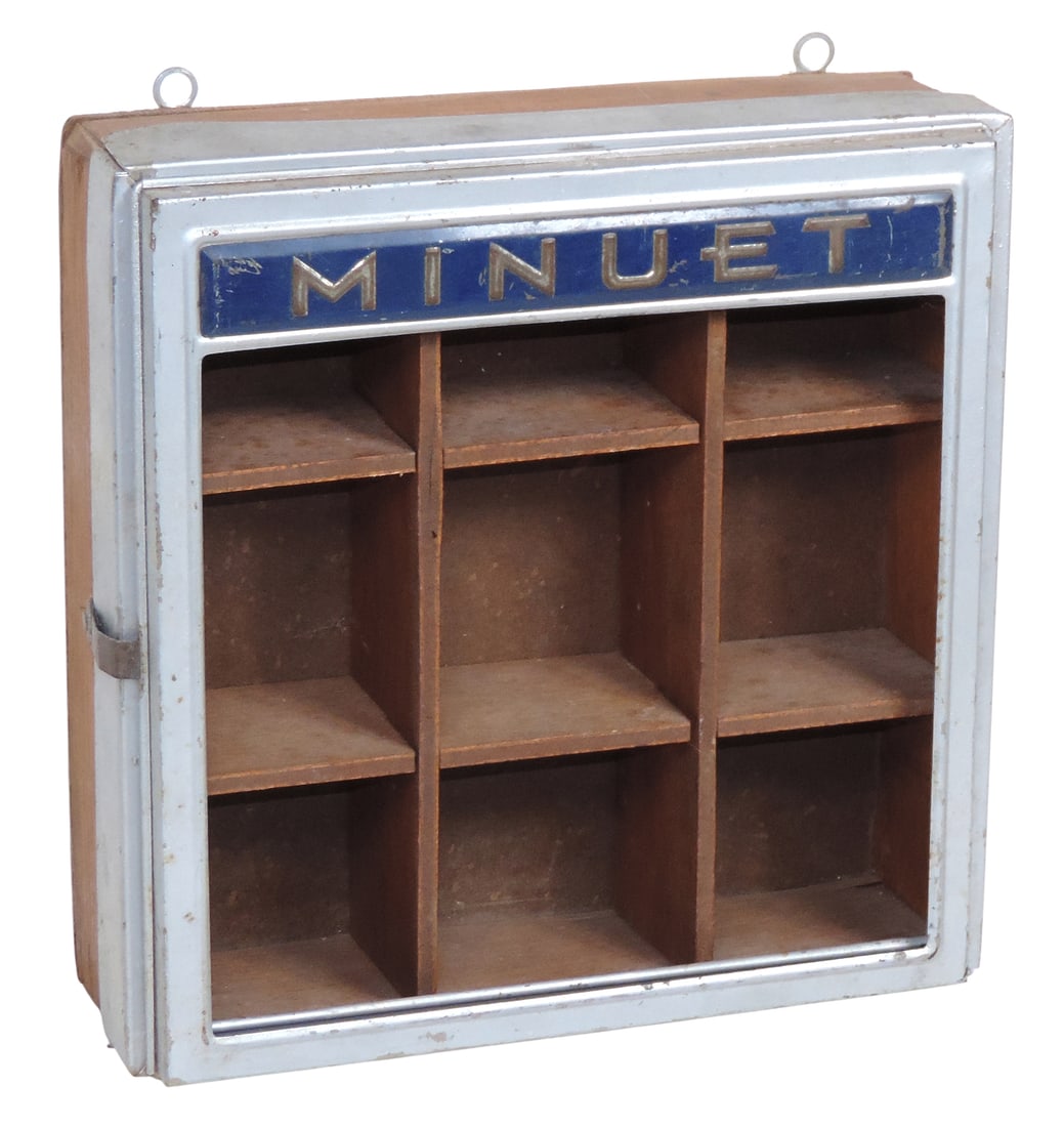 Minuet Biscuit Container, stamped Russakov Can Co.- Chicago, this has been cleverly converted int...: Minuet Biscuit Container, stamped Russakov Can Co.- Chicago, this has been cleverly converted into a display case made out of wood w/hooks for hanging treasured smalls, Exc cond. H 11 x W 10.5 in.