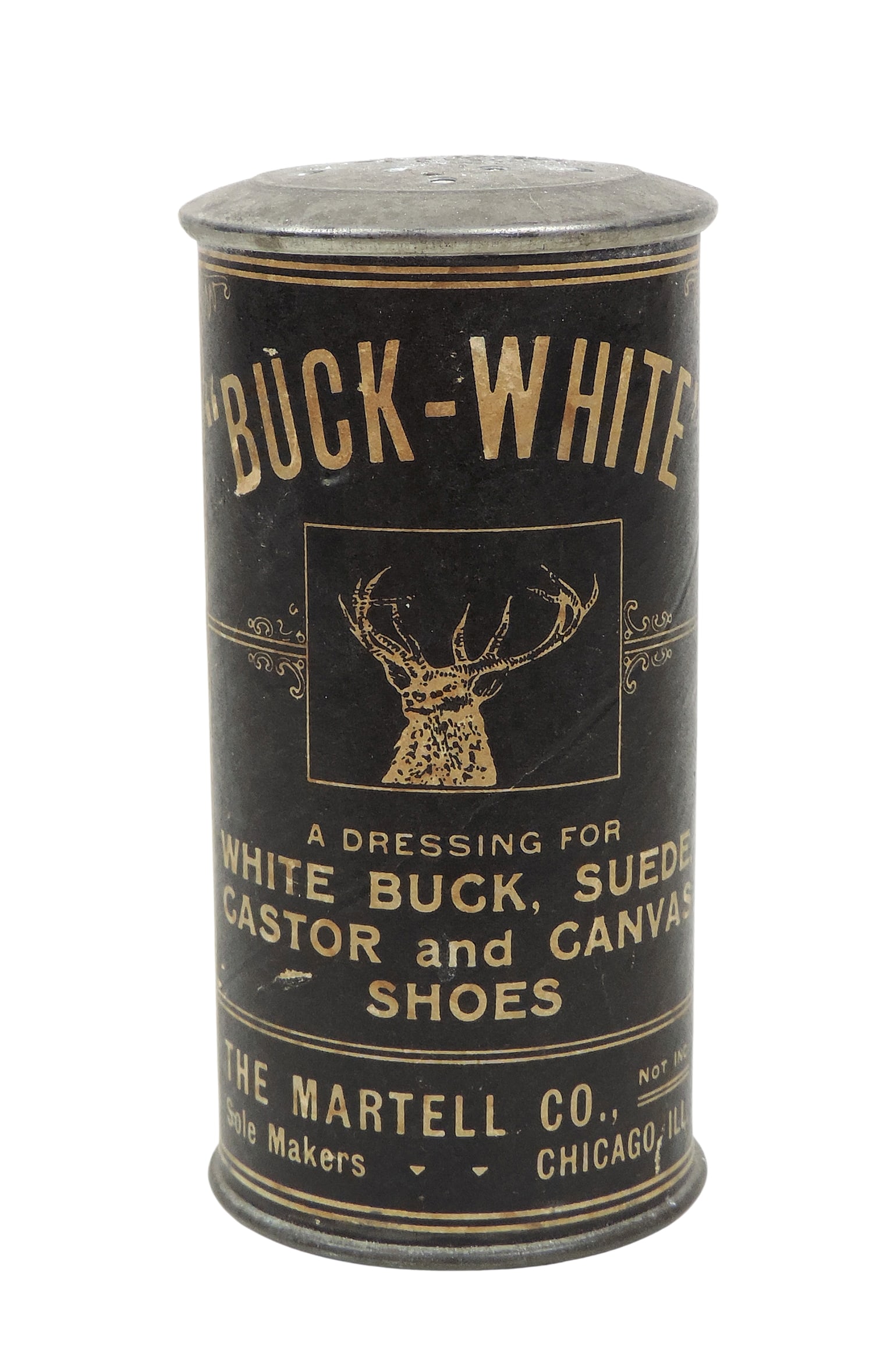 Buck-White Shoe Dressing tin w/Deer on paper label, from The Martell Co.-Chicago, a Rare 1930's tin (1 of 3)
