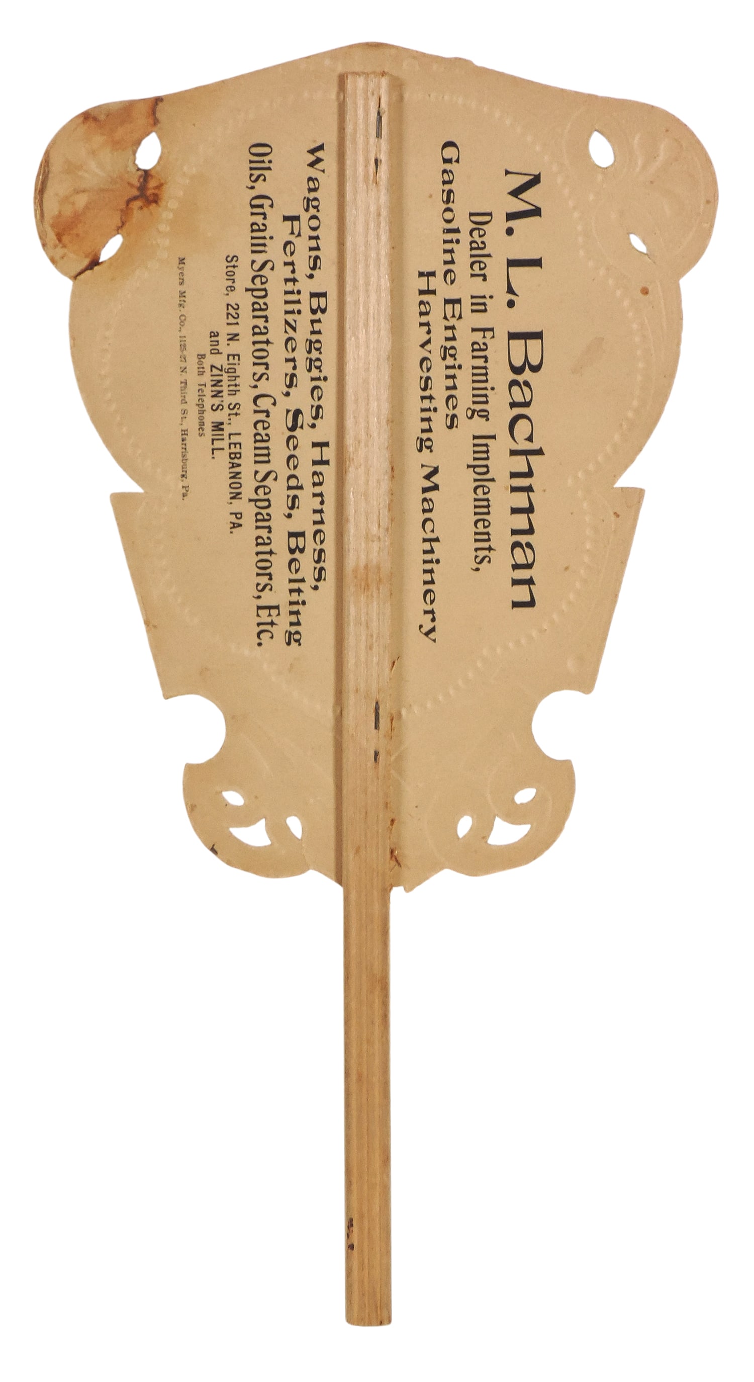 Advertising Hand Fan from M.L. Bachman, Dealer in Farming Implements, Lebanon, PA & Zinn's Mill... - 2