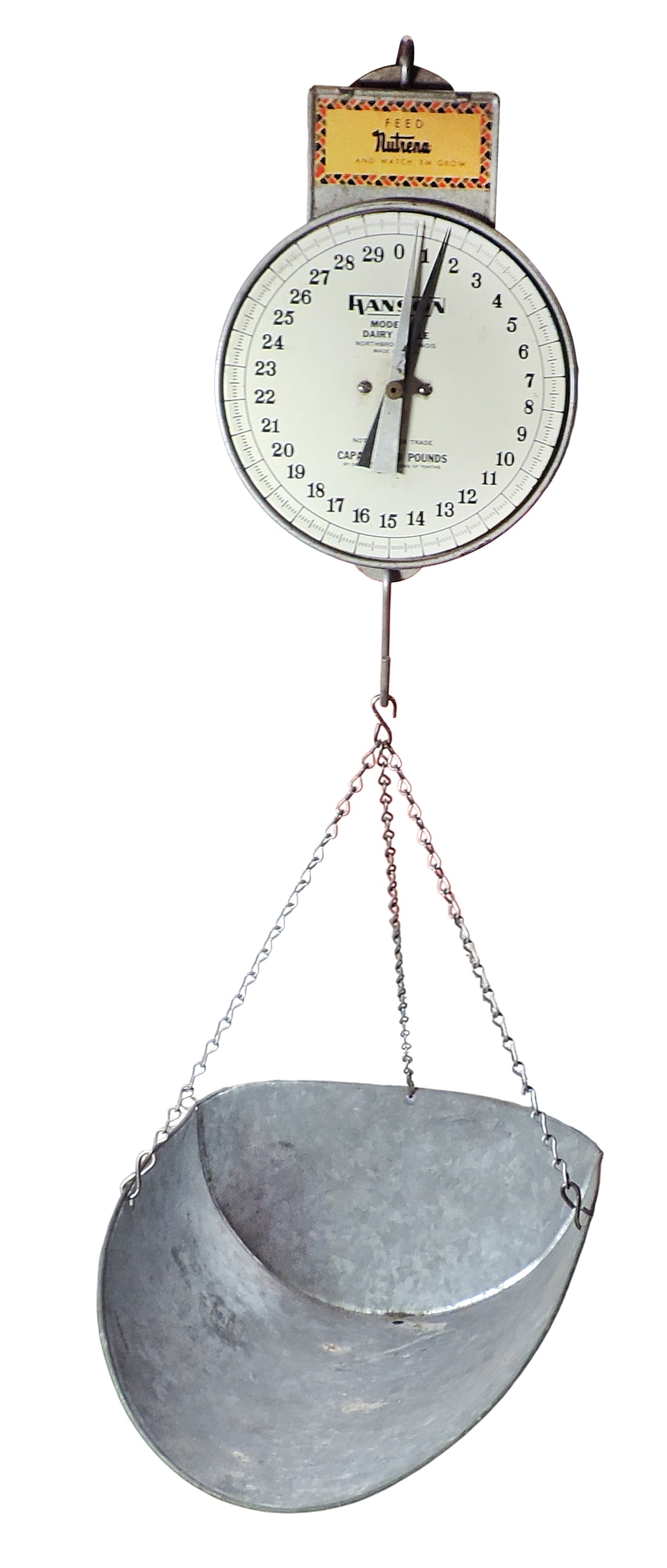 Hanson Model 60 Dairy Scale, Feed Nutrena, heavy-duty, spring-driven hanging mercantile scale, Mf... (1 of 1)