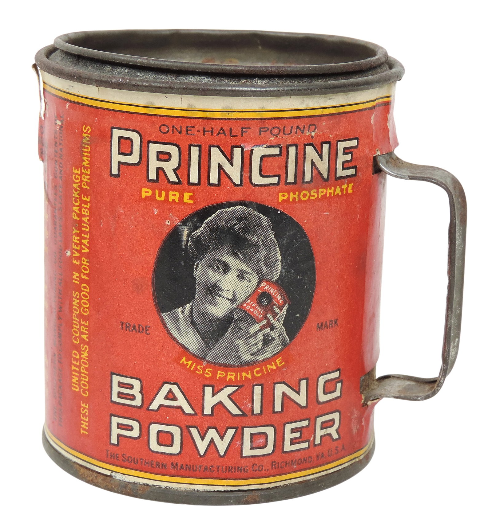 Princine Baking Powder handled container, lid embossed Patented Nov 23.1915, tin w/colorful paper... (1 of 3)