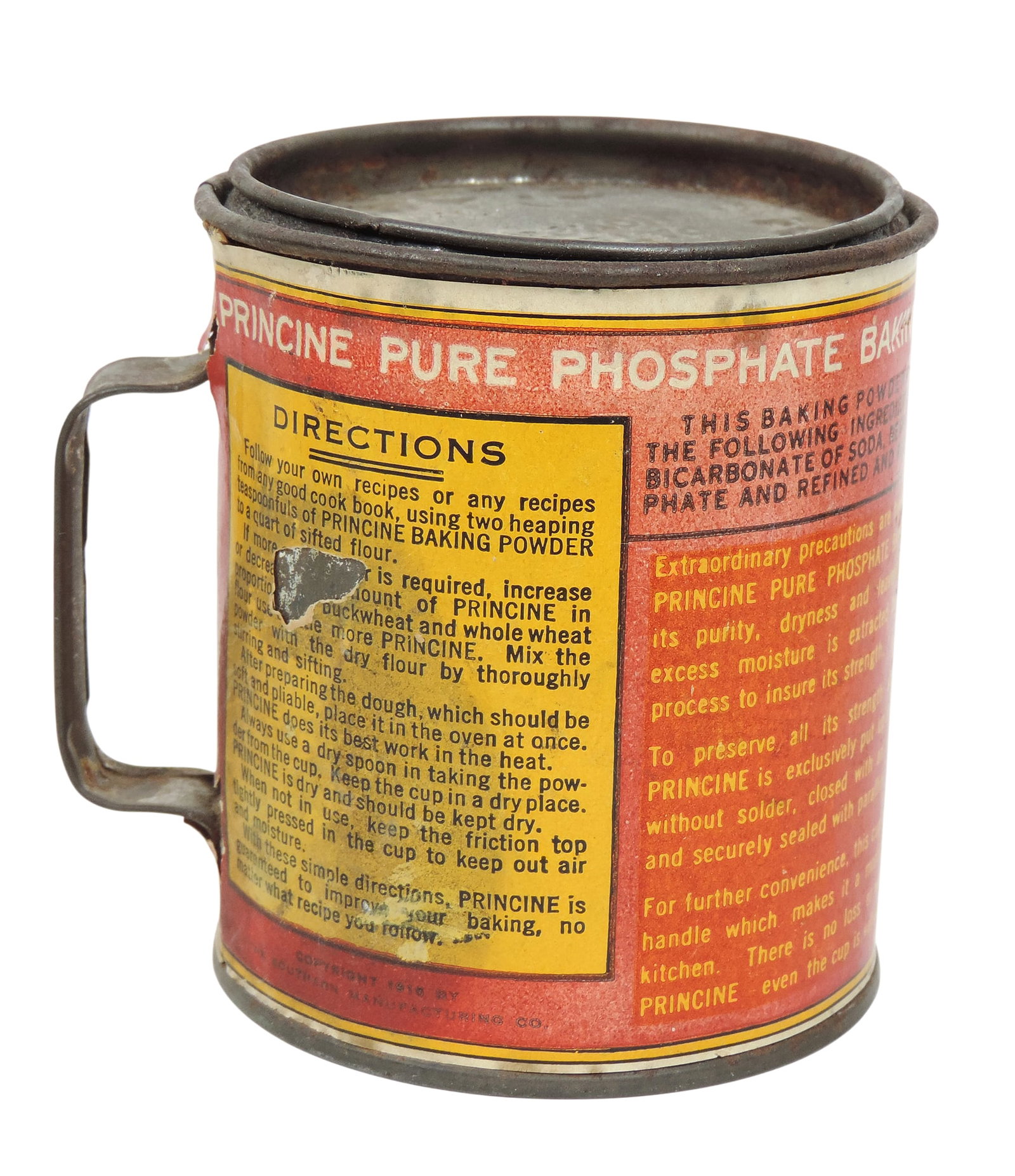 Princine Baking Powder handled container, lid embossed Patented Nov 23.1915, tin w/colorful paper... - 2