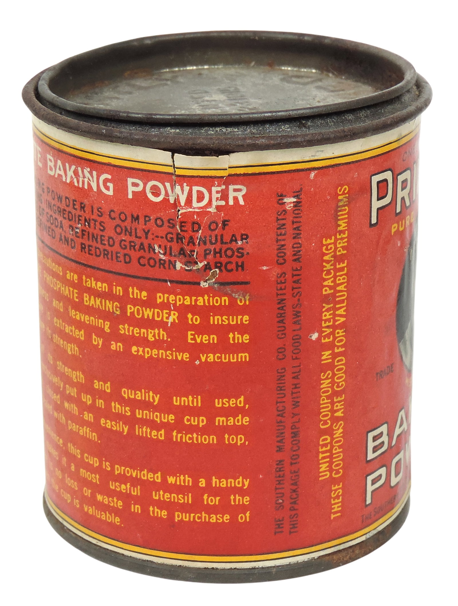 Princine Baking Powder handled container, lid embossed Patented Nov 23.1915, tin w/colorful paper... - 3