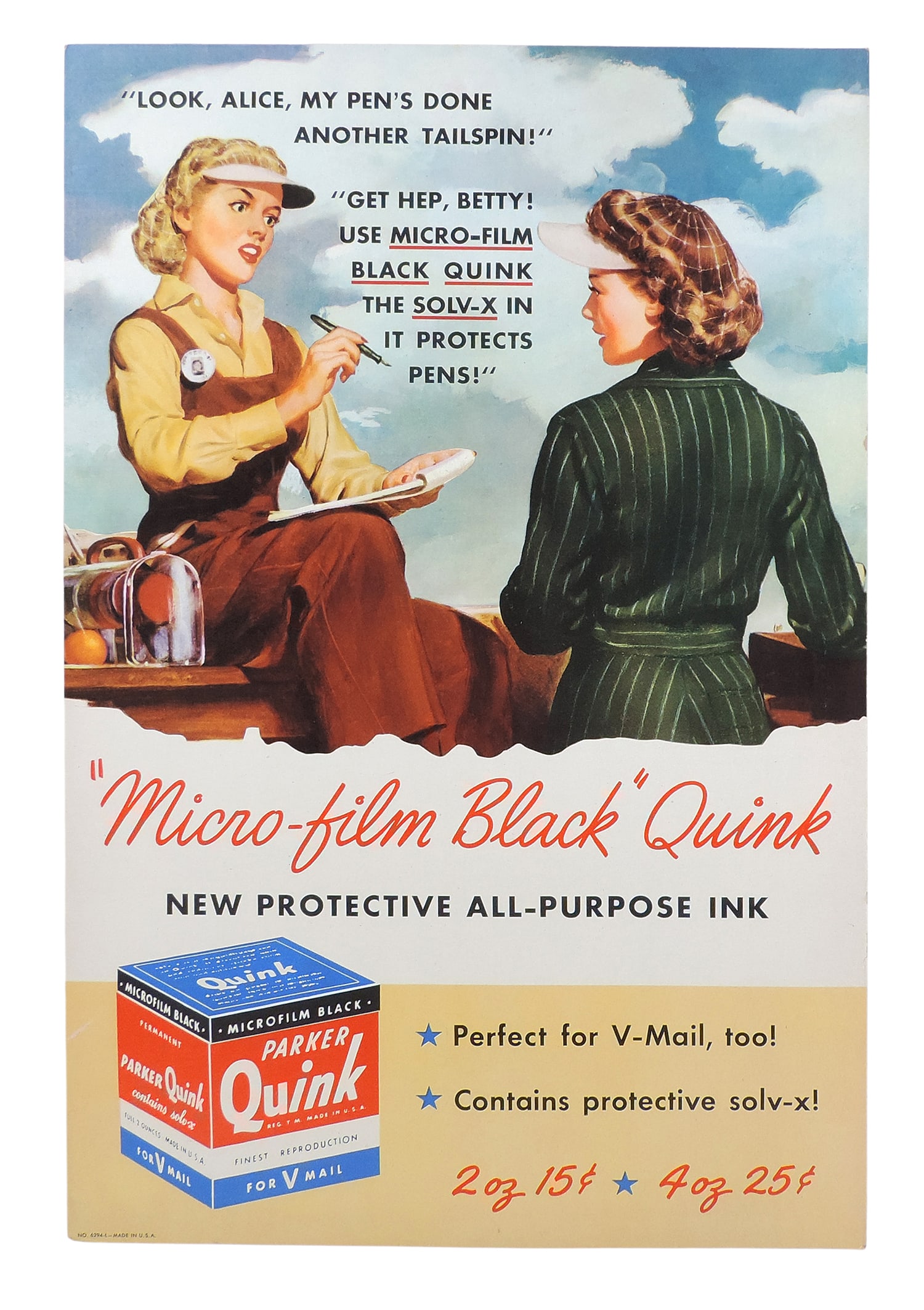 1944 Parker Quink Ink Countertop Display, diecut cardboard w/easel back, featuring WWII era artwo... (1 of 2)