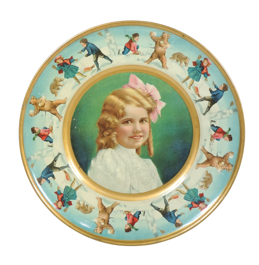 1907 The Union Pacific Tea Co. Promotional Tin Plate, litho on tin, featuring a detailed winter s... (1 of 2)