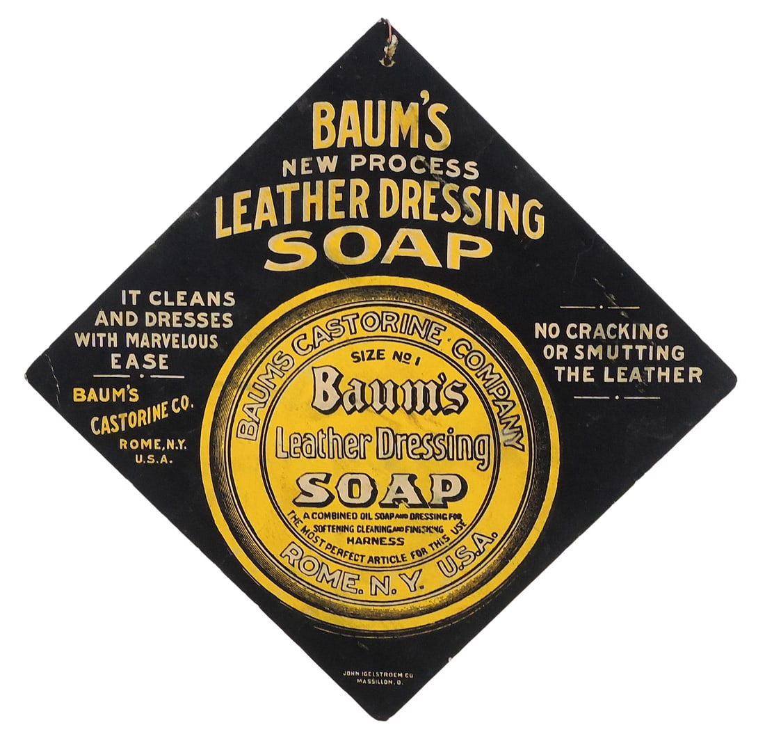 Baum's Leather Dressing Soap Sign, double-sided die-cut, cardstock, Baum's Castorine Co., Rome, (1 of 2)
