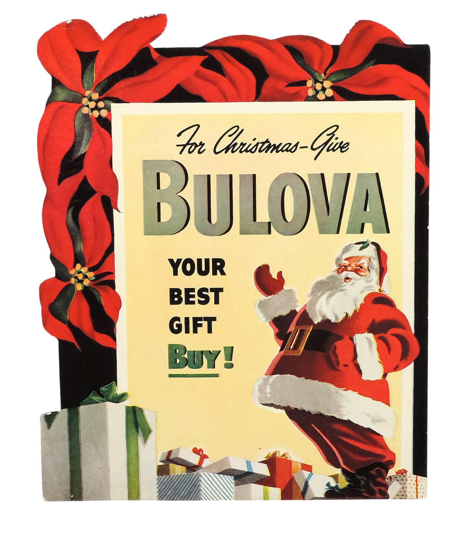 Bulova Display Countertop Sign, easel back cardstock w/glossy finish, features Santa Claus, For C...: Bulova Display Countertop Sign, easel back cardstock w/glossy finish, features Santa Claus, For Christmas-Give Bulova Your Best Gift Buy!, easel appears unused, c. mid 1900s, VG/Exc cond w/slight