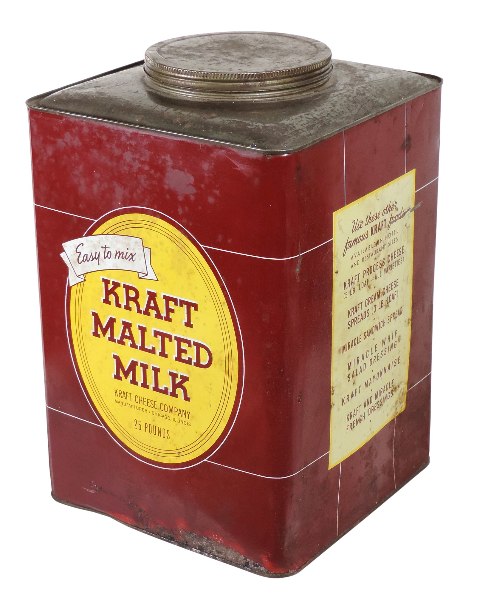 Kraft Malted Milk Tin Canister, Kraft's Cheese Company, Manufacturer, Chicago, Illinois, 25 pounds, - 2