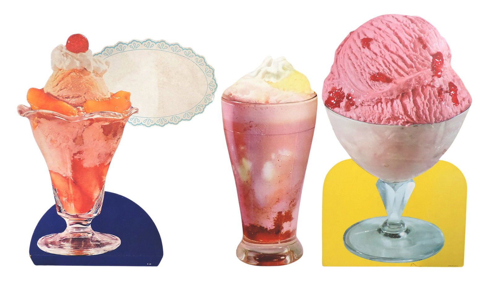 1950s Diner Ice Cream Parlor Displays (3), die-cut heavy cardstock, two marked litho in U.S.A., one: 1950s Diner Ice Cream Parlor Displays (3), die-cut heavy cardstock, two marked litho in U.S.A., one marked C 24 Schmidt Litho Co., S.F., one marked D-49, o/all these are in Good+ cond, tallest is H 23