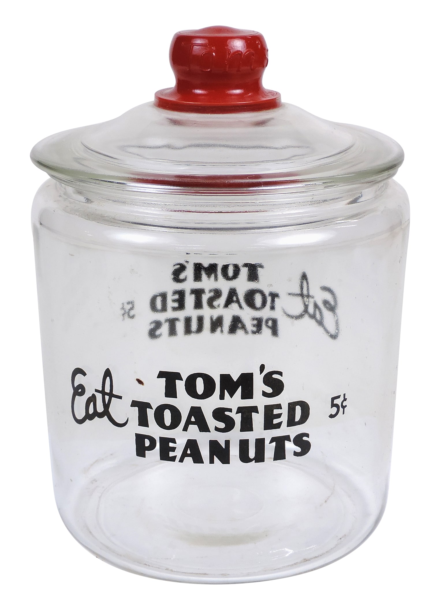 Tom's Toasted Peanuts Eat 5¢ Jar, glass, embossed Tom's on red knob, Exc cond, H 10.5 x D 7.5 i (1 of 2)