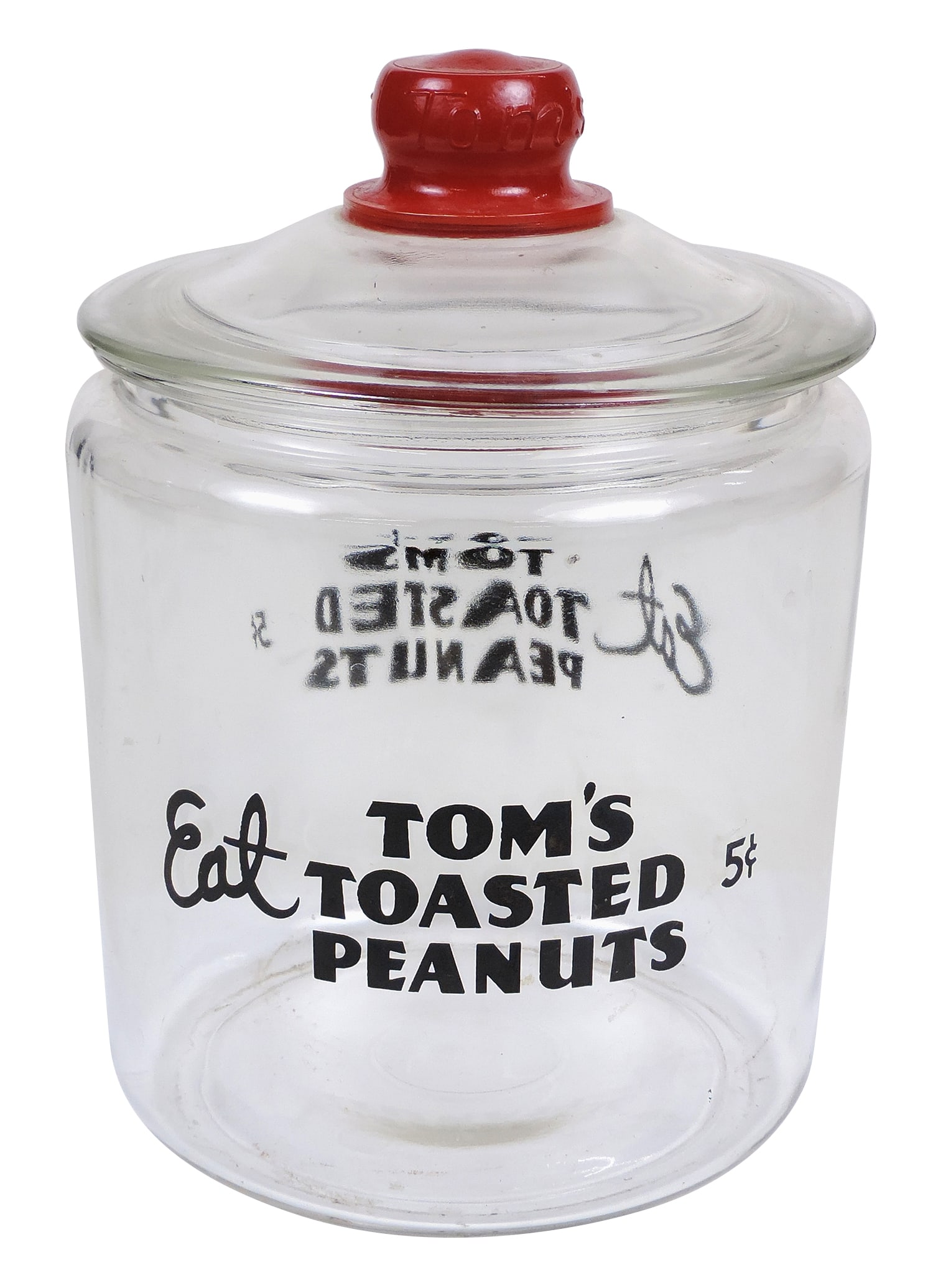 Tom's Toasted Peanuts 5¢ Jar, glass w/ Tom's embossed on red knob, Exc cond, H 10.5 x D 7.5 in - 2