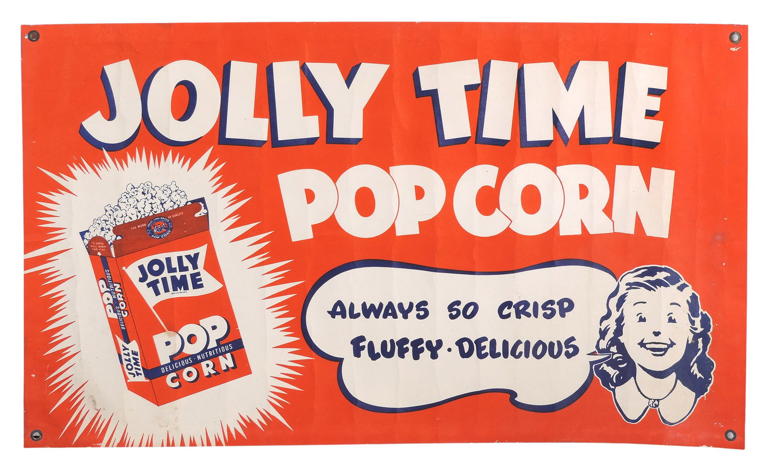 Jolly Time Pop Corn Point-of-Sale Banner, weatherproof w/metal grommets, Duckine, Trade Mark REG....: Jolly Time Pop Corn Point-of-Sale Banner, weatherproof w/metal grommets, Duckine, Trade Mark REG.U.S.PAT.OFF., Igelstroem-Oberlin, Inc., Massillon, Ohio, Jolly Time was produced by the American Pop