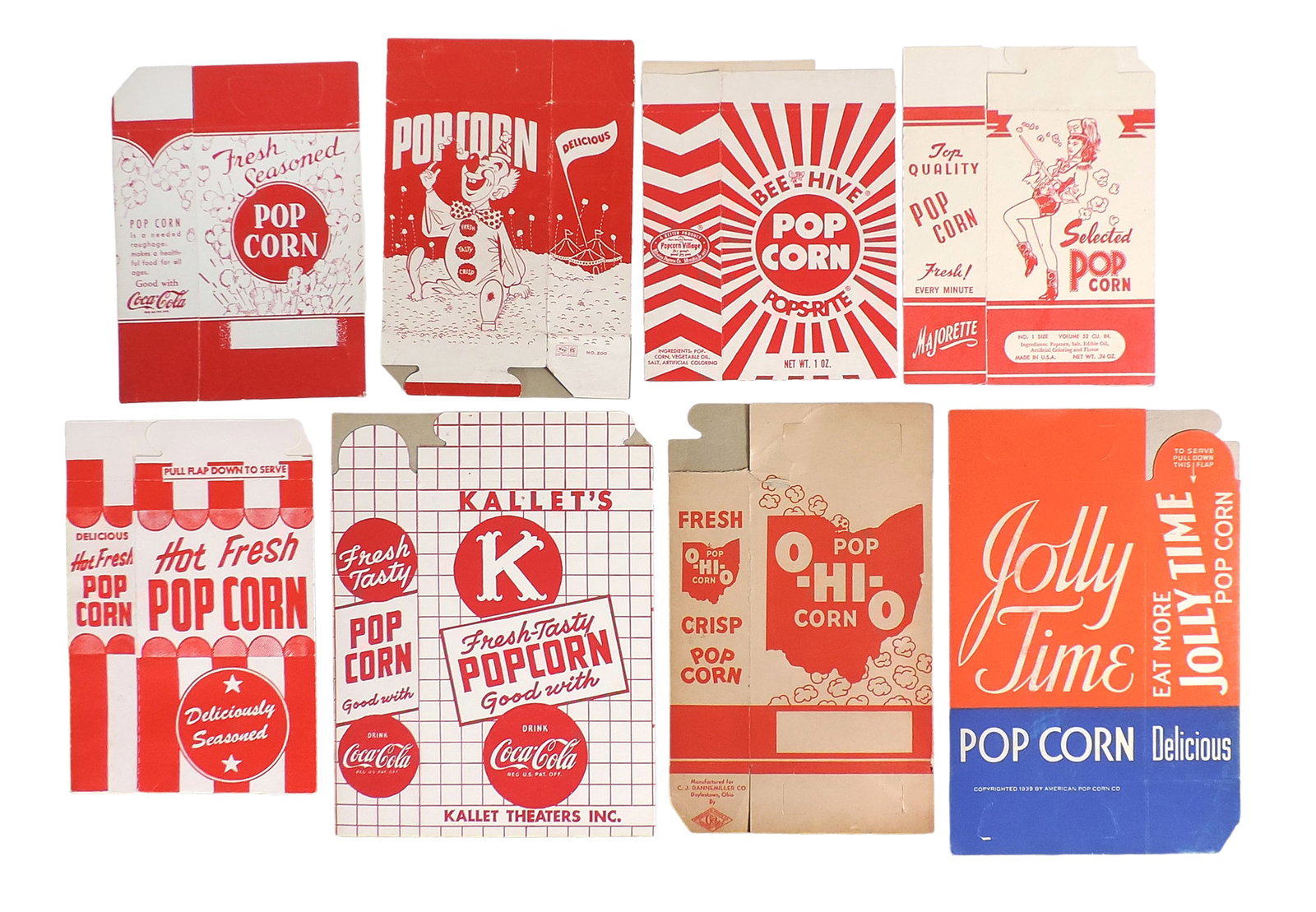 Popcorn Boxes (8), includes Jolly Time, copyright 1939 by American Pop Corn Co., Majorette Selected (1 of 1)