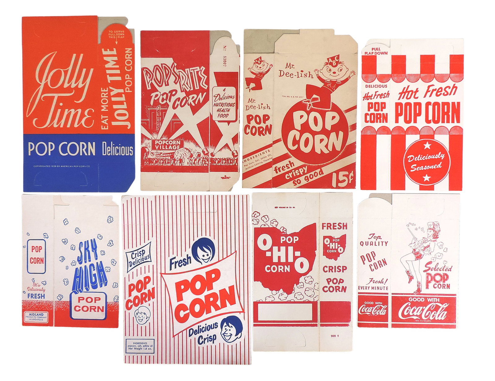 Popcorn Boxes (8), includes Midland Products Co., Minneapolis-USA, Jolly Time, copyright 1939 by ... (1 of 1)
