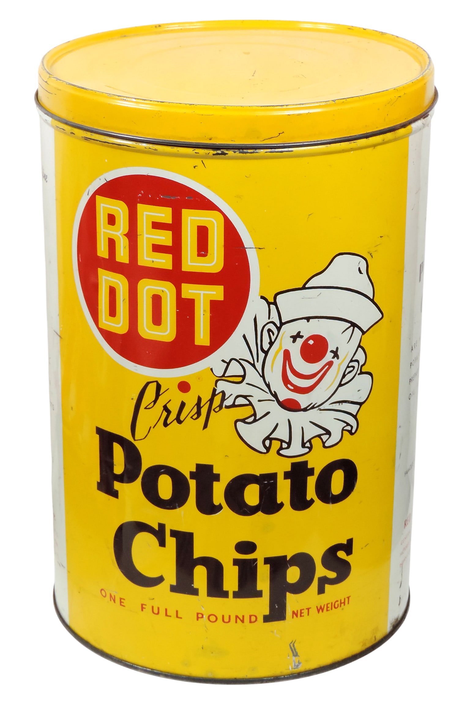 Red Dot Crisp Potato Chips Container, features the mascot Ta-To the Clown, One Full Pound Net Wei...: Red Dot Crisp Potato Chips Container, features the mascot Ta-To the Clown, One Full Pound Net Weight, Red Dot Foods, Inc., General Offices Madison, Wis.-USA, embossed NC on bottom (National Can), lith