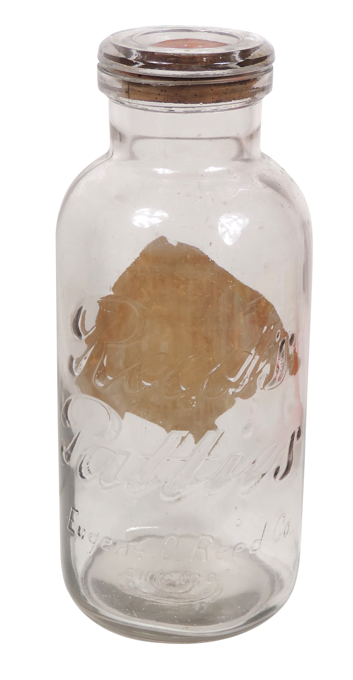 Reed's Hoarhound Patties Glass Container, orig paper label reads Guaranteed by Eugene, O. Reed ... - 2