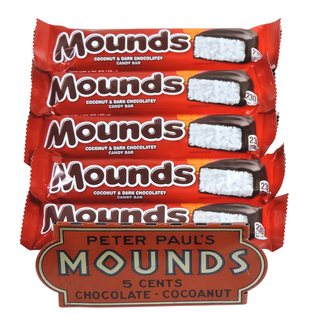 Peter Paul's Mounds 5¢ Candy Bar Countertop Display, litho on tin, Peter Paul Inc., Naugatuck,. (1 of 5)