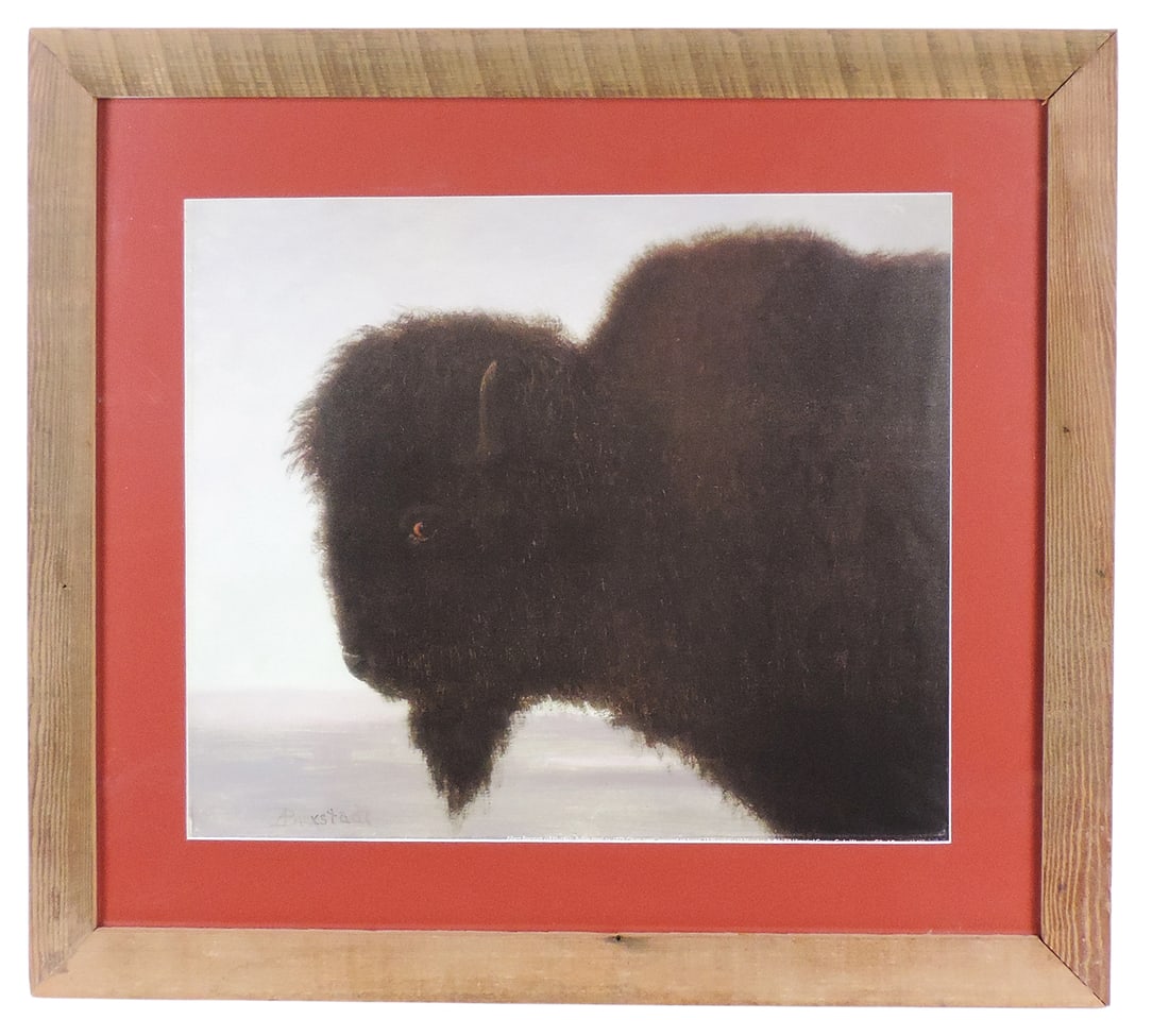 Albert Bierstadt (1830-1902), reproduced litho on canvas, "Bison Head", c.1879, 13.25 x 15.25 inc...: Albert Bierstadt (1830-1902), reproduced litho on canvas, "Bison Head", c.1879, 13.25 x 15.25 inches (print only), Buffalo Bill Historical Center, Cody, Wyoming-USA, framed w/primitive wood/Plexiglas/