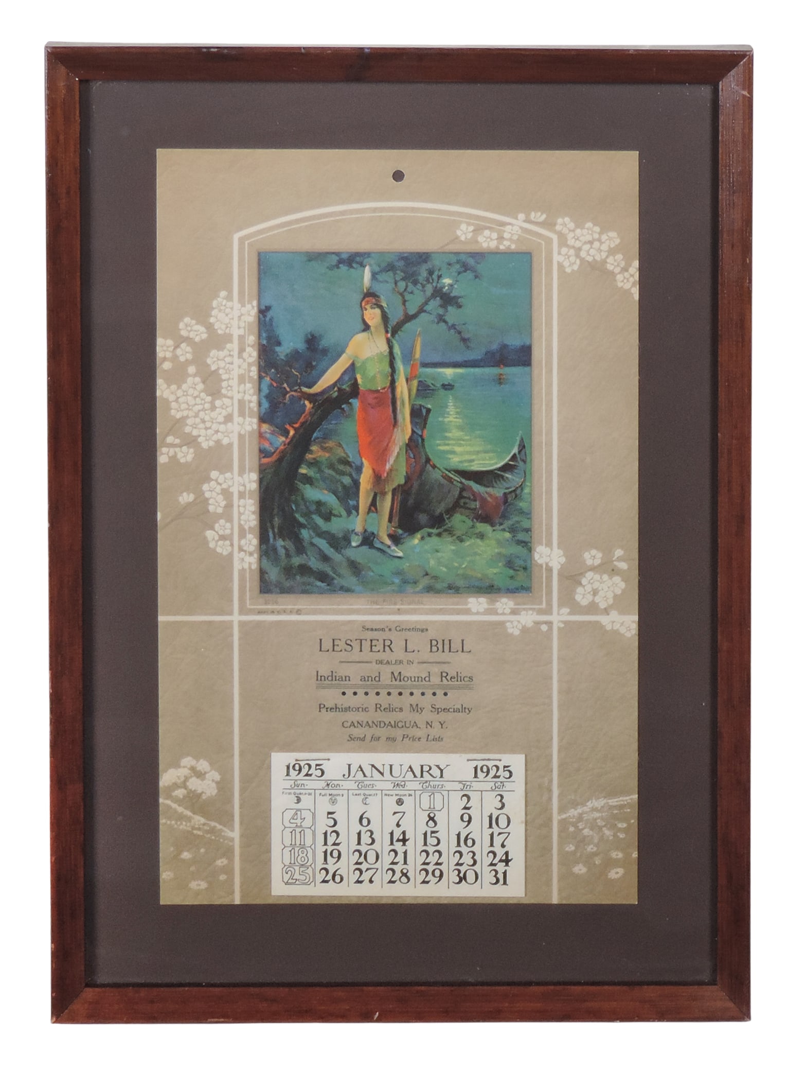1925 Relic Dealer Calendar, Lester L. Bill, Dealer In Prehistoric Relics My Specialty, Canandaigua, (1 of 1)
