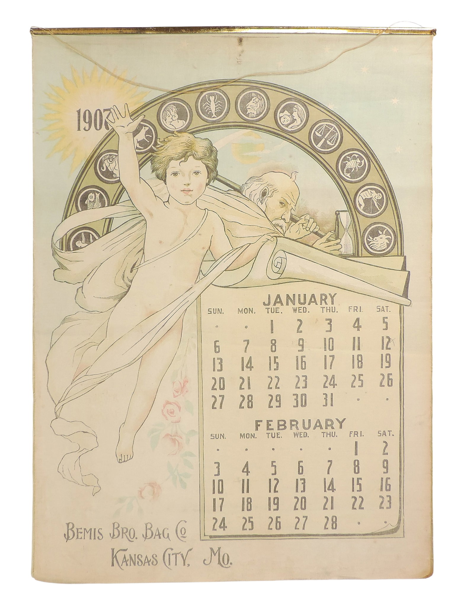 Bemis Bros. Bag Co. 1907 Fabric Calendar, founded in 1858 in Kansas City, Mo., bi-monthly w/6 col...: Bemis Bros. Bag Co. 1907 Fabric Calendar, founded in 1858 in Kansas City, Mo., bi-monthly w/6 colorful & unique outdoor scenes, cover page has minor fade, rest are bright & in Exc cond, orig brass