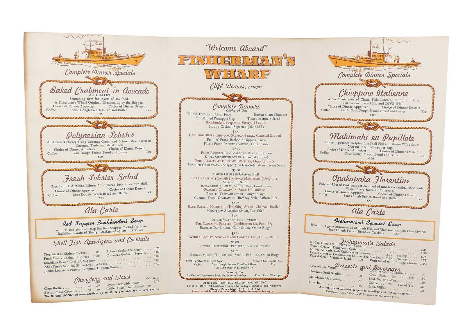 Fisherman's Wharf Menu, located on the Wharf at Kewalo Basin, Honolulu, Hawaii, operated by The... - 2