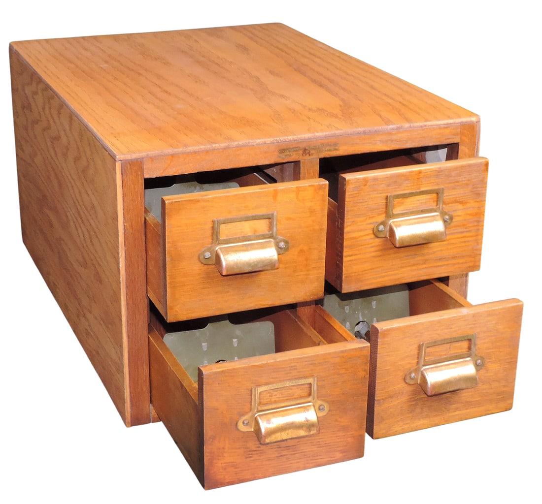 Library Card Catalog Cabinet, Yawman & Erbe Mfg Co.-Rochester, NY, wood w/brass label holders & d... - 2