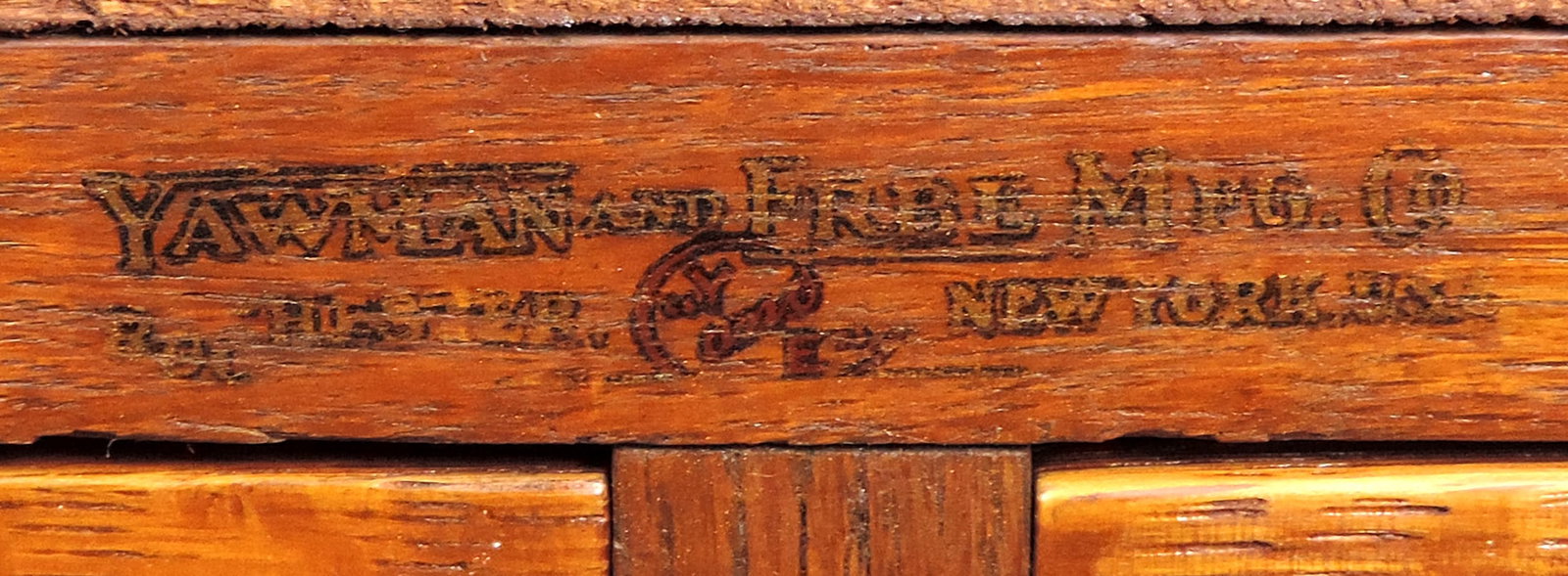Library Card Catalog Cabinet, Yawman & Erbe Mfg Co.-Rochester, NY, wood w/brass label holders & d... - 3