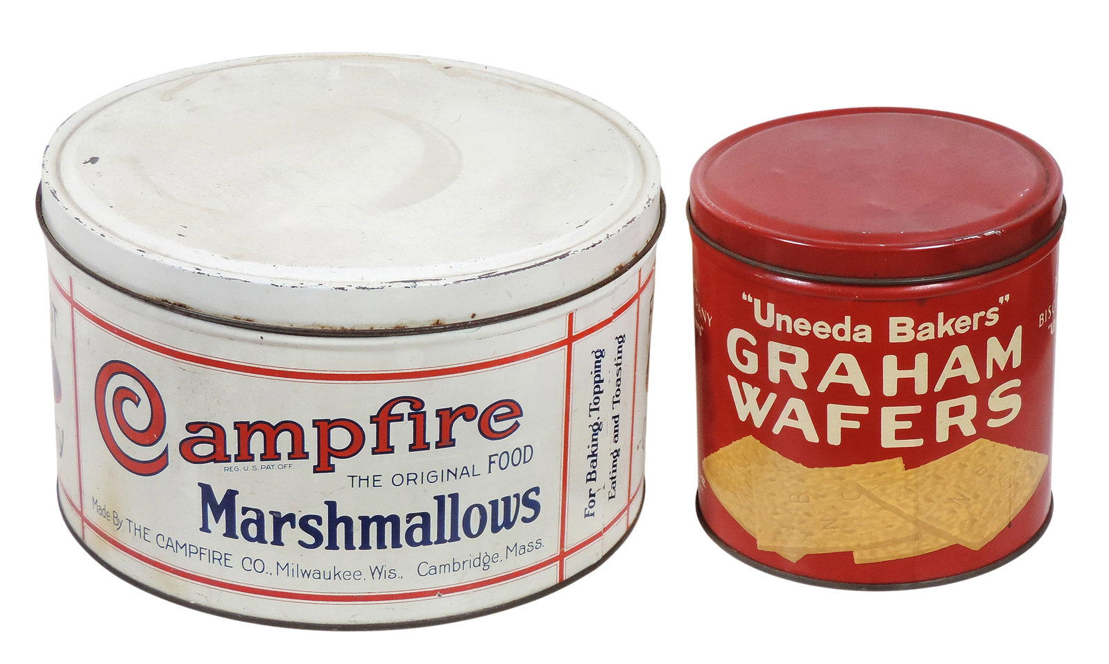 Tin Food Canisters (2), advertising Uneeda Bakers Graham Wafers, National Biscuit Co., Net Weight 1: Tin Food Canisters (2), advertising Uneeda Bakers Graham Wafers, National Biscuit Co., Net Weight 1 lb. 3 oz, made in USA, litho on tin, no product, age-related minor dent/litho loss on lid & Campfire
