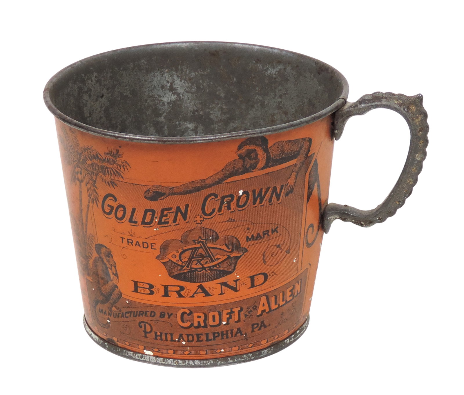 Golden Crown Brand Coconut Tin w/Handle, mfgd by Croft & Allen-Phila., early 1900's w/monkey grap... (1 of 2)
