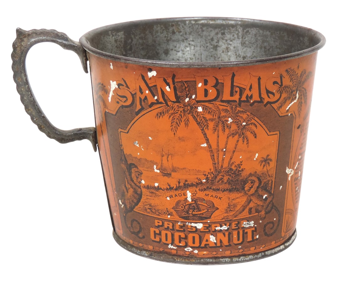 Golden Crown Brand Coconut Tin w/Handle, mfgd by Croft & Allen-Phila., early 1900's w/monkey grap... - 2