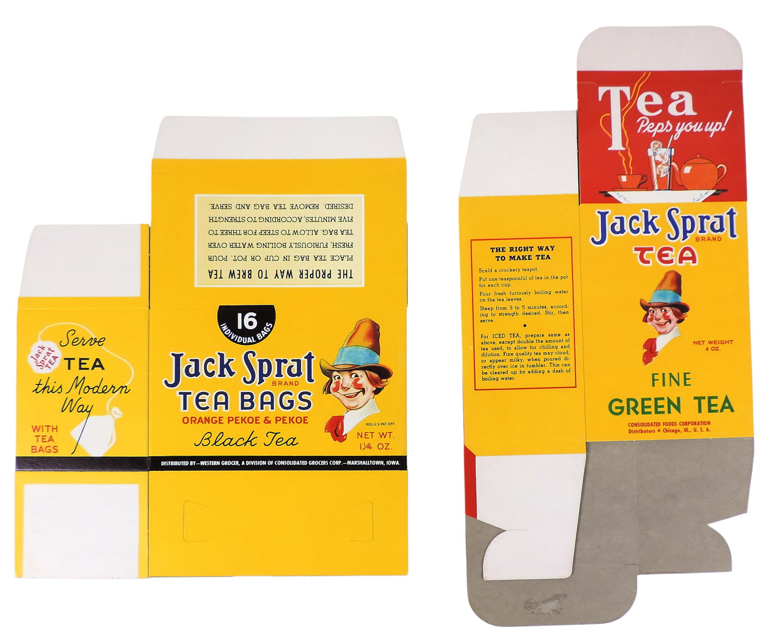 Jack Sprat Tea Boxes (2), Jack Sprat Tea, Fine Green Tea, Net Weight 4 oz., Consolidated Foods Co...: Jack Sprat Tea Boxes (2), Jack Sprat Tea, Fine Green Tea, Net Weight 4 oz., Consolidated Foods Corp., Distributors Chicago, Ill-USA & Jack Sprat Tea Bags, orange pekoe & pekoe, black tea, Net Wt 1 1/4
