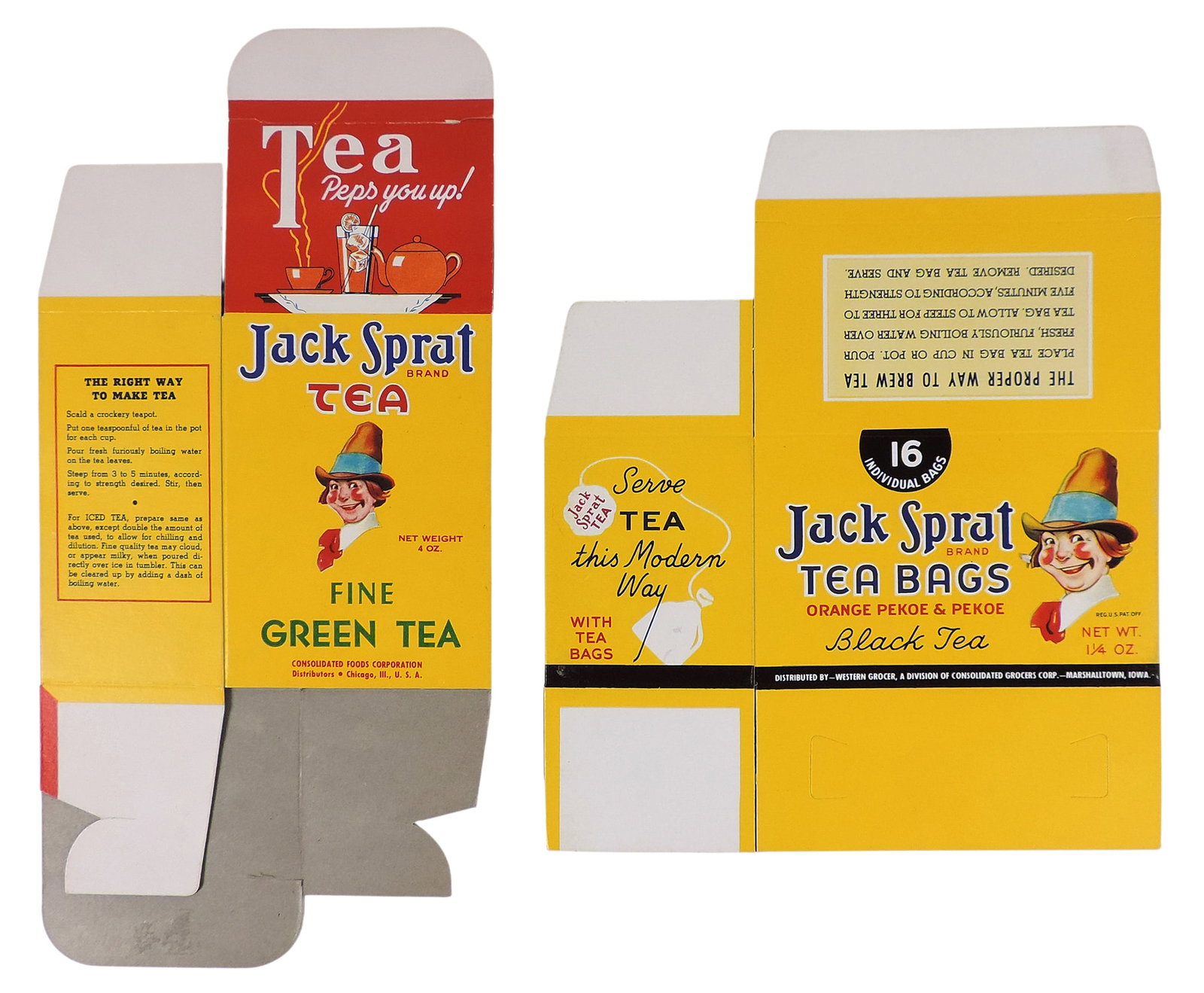 Jack Sprat Tea Boxes (2), Jack Sprat Tea, Fine Green Tea, Net Weight 4 oz., Consolidated Foods Co...: Jack Sprat Tea Boxes (2), Jack Sprat Tea, Fine Green Tea, Net Weight 4 oz., Consolidated Foods Corp., Distributors Chicago, Ill-USA & Jack Sprat Tea Bags, orange pekoe & pekoe, black tea, Net Wt 1 1/4