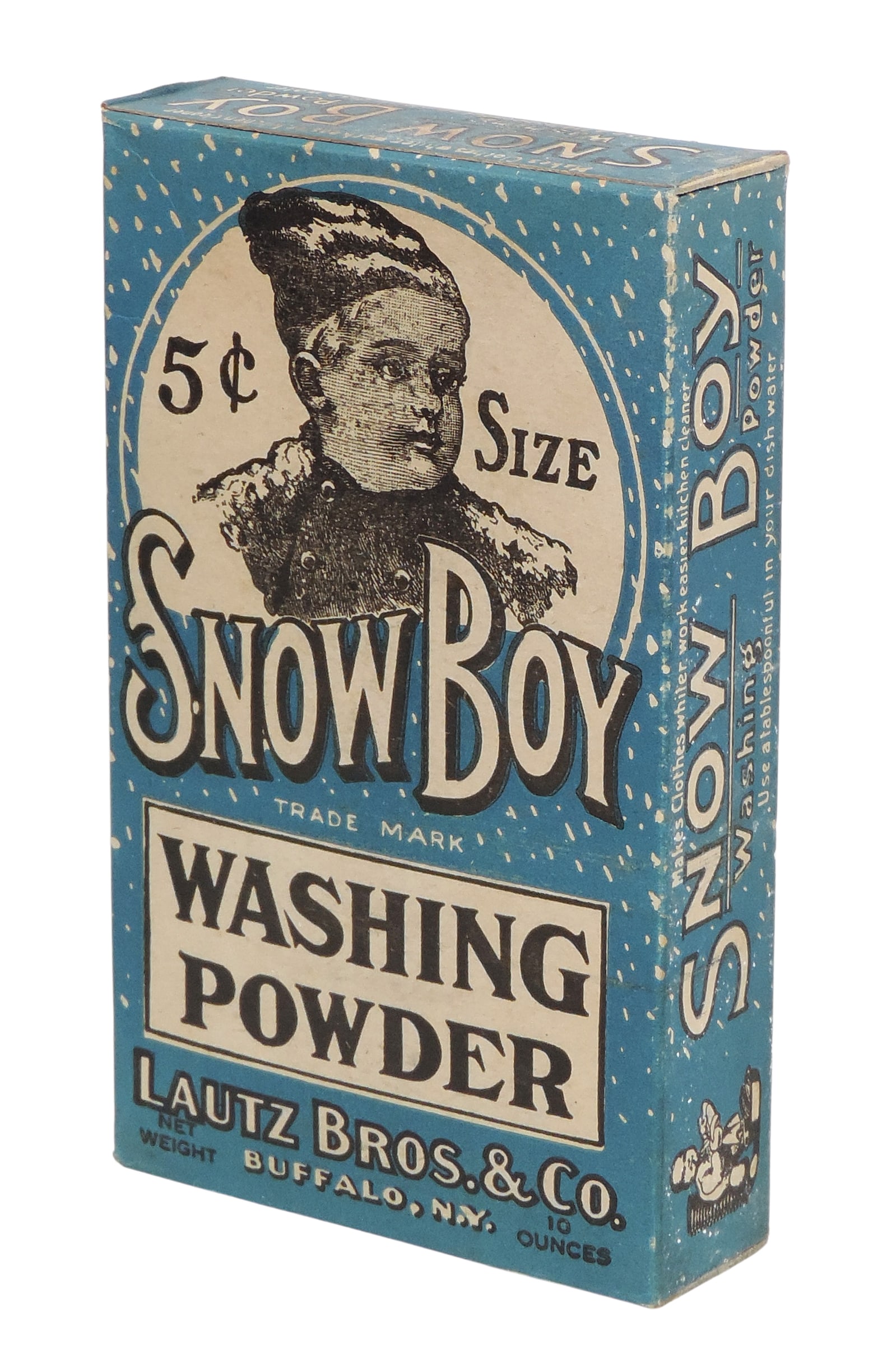 Snow Boy Washing Powder, Lautz Bros. & Co., Buffalo, N.Y., Net Weight 10 oz, heavy cardstock pack...: Snow Boy Washing Powder, Lautz Bros. & Co., Buffalo, N.Y., Net Weight 10 oz, heavy cardstock packaging, c. early 1900s, Exc NOS w/orig contents, H 6.5 x W 4 in.