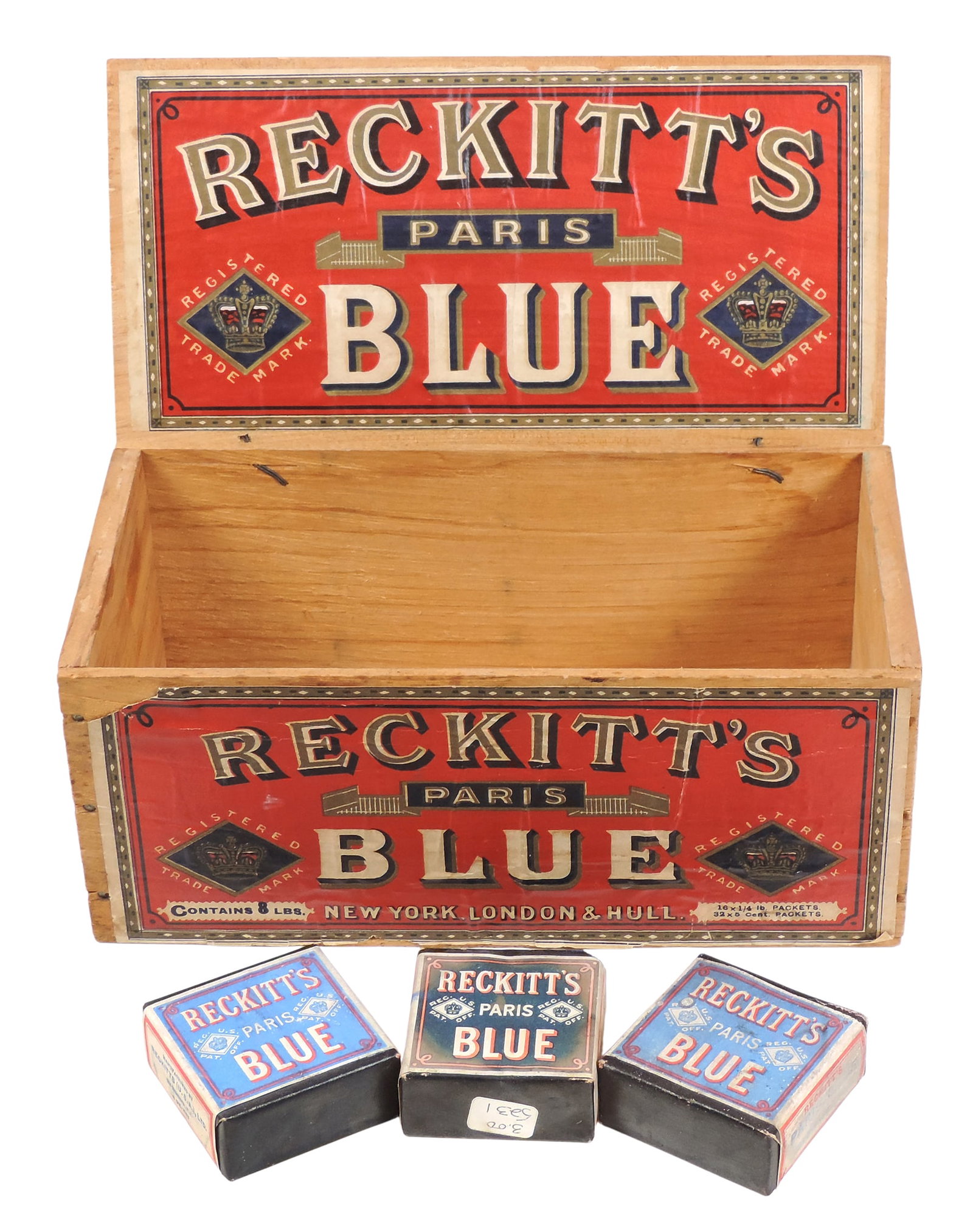 Reckitt's Paris Blue Wooden Crate & Laundry Bluing Agents (4), litho label on wood, wire hinges... (1 of 2)