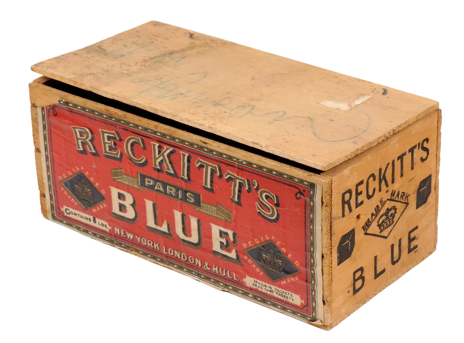 Reckitt's Paris Blue Wooden Crate & Laundry Bluing Agents (4), colorful litho inside hinged lid... - 2