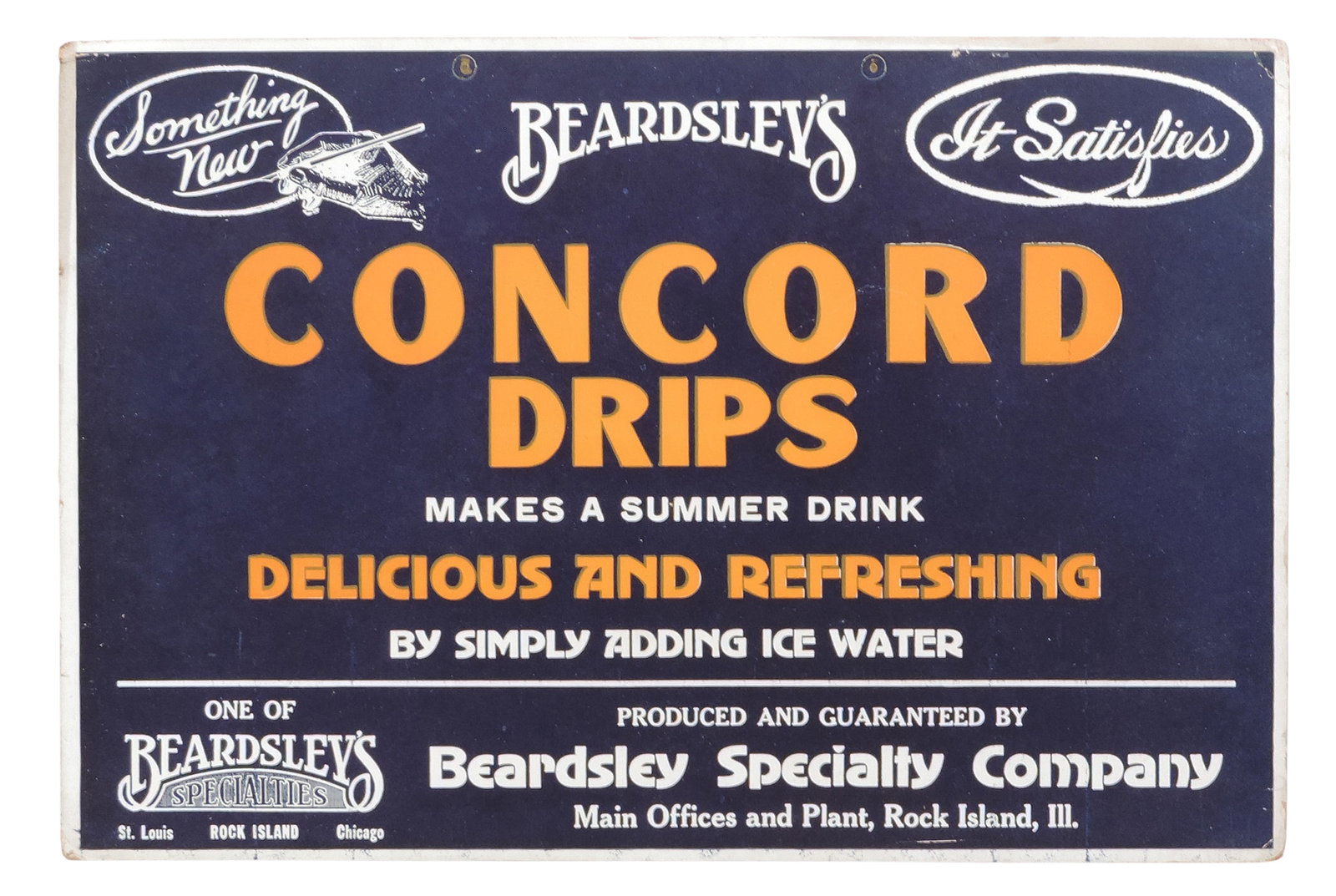 Beardsley's Concord Drips Sign, litho on cardboard, beverage concentrate Produced & Guaranteed by (1 of 2)
