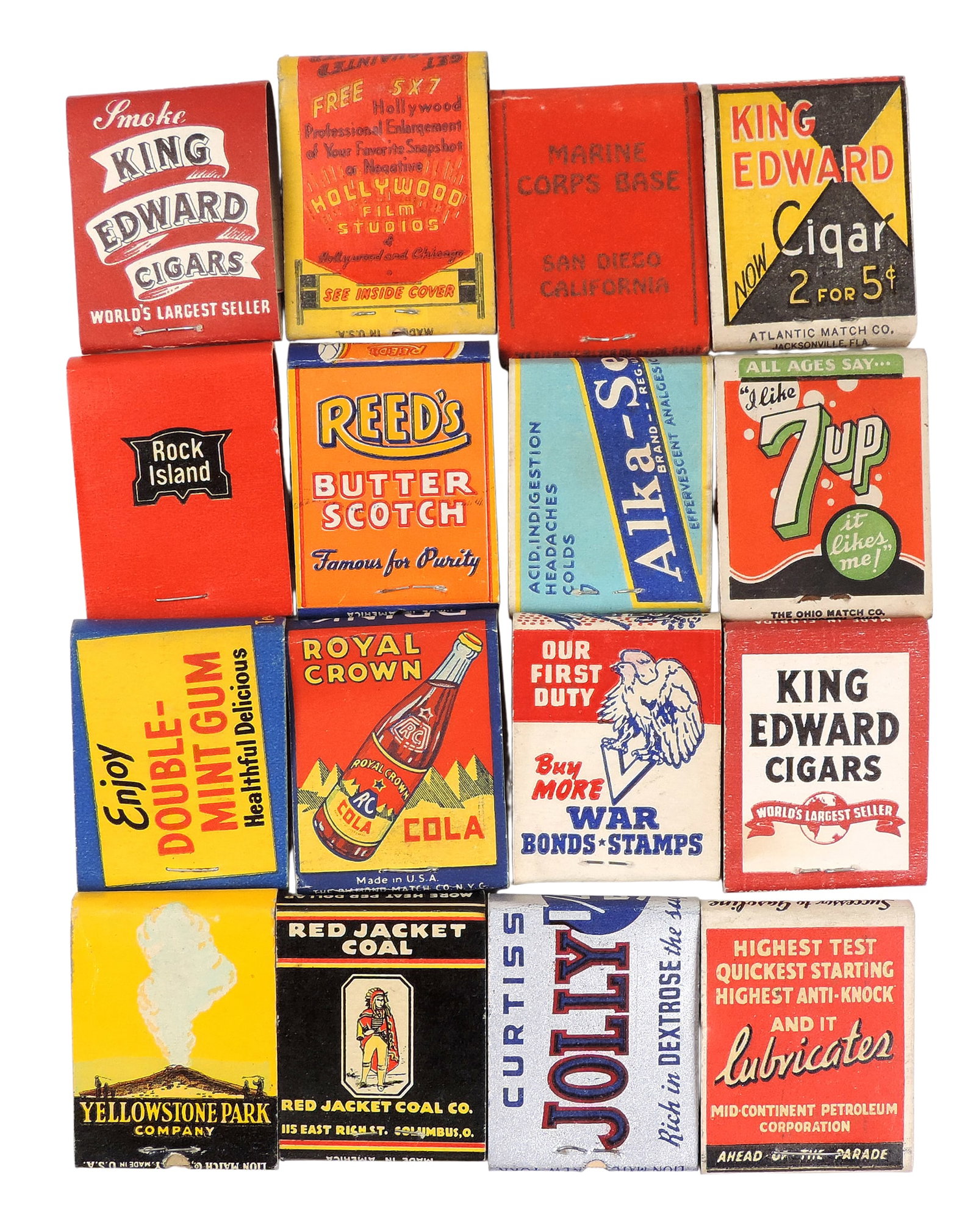 Advertising Matchbooks (16), 1930's-50's, D-X, 7Up, Wrigley's Gum, Alka-Selzer, Rock Island, Joll... (1 of 2)