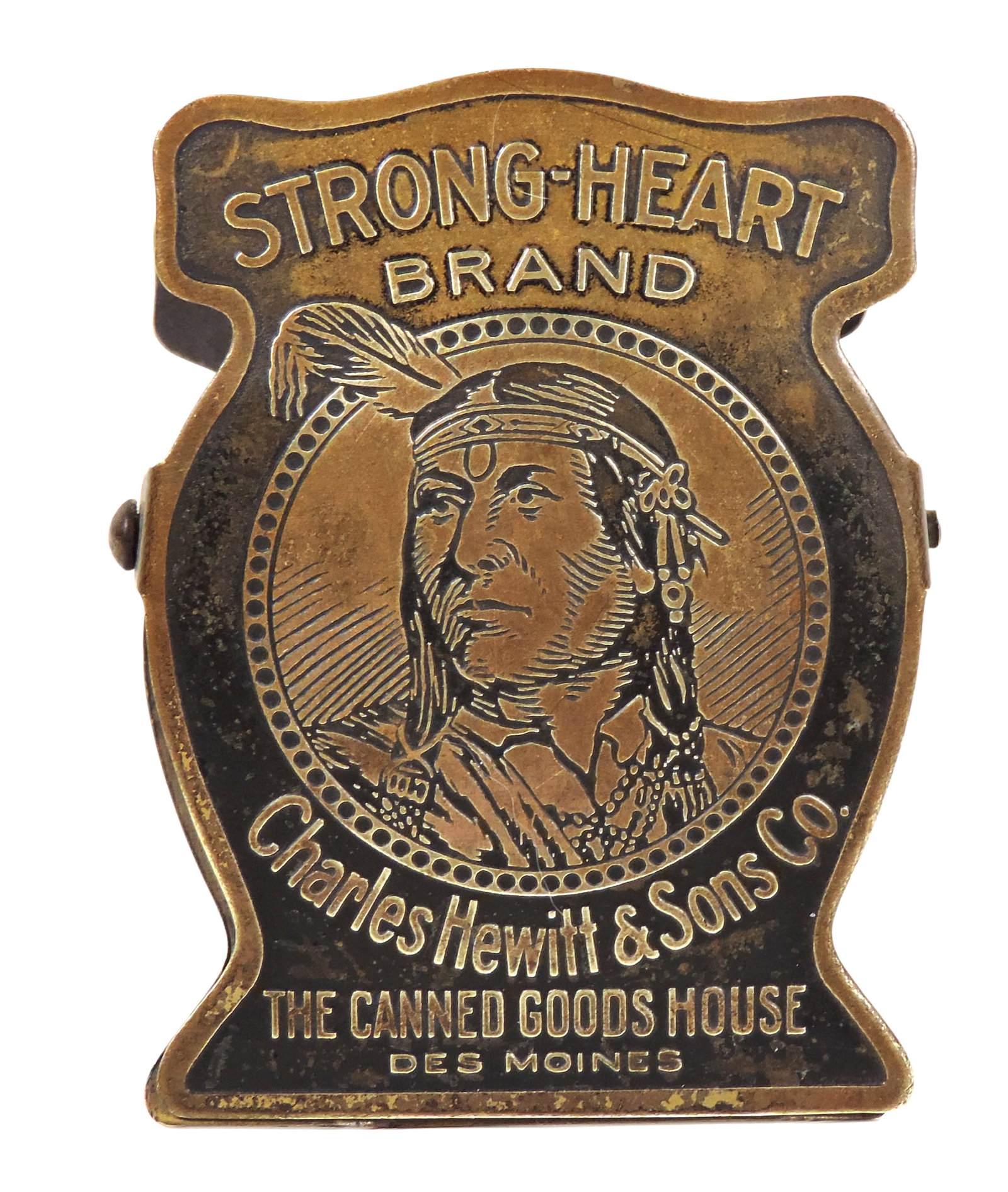 Advertising Clip, Strong-Heart Brand Charles Hewitt & Sons Co., The Canned Goods House, Des Moines,: Advertising Clip, Strong-Heart Brand Charles Hewitt & Sons Co., The Canned Goods House, Des Moines, Iowa, stamped Etching Co., of America, Chicago on back, heavy spring-loaded brass, raised embossed l