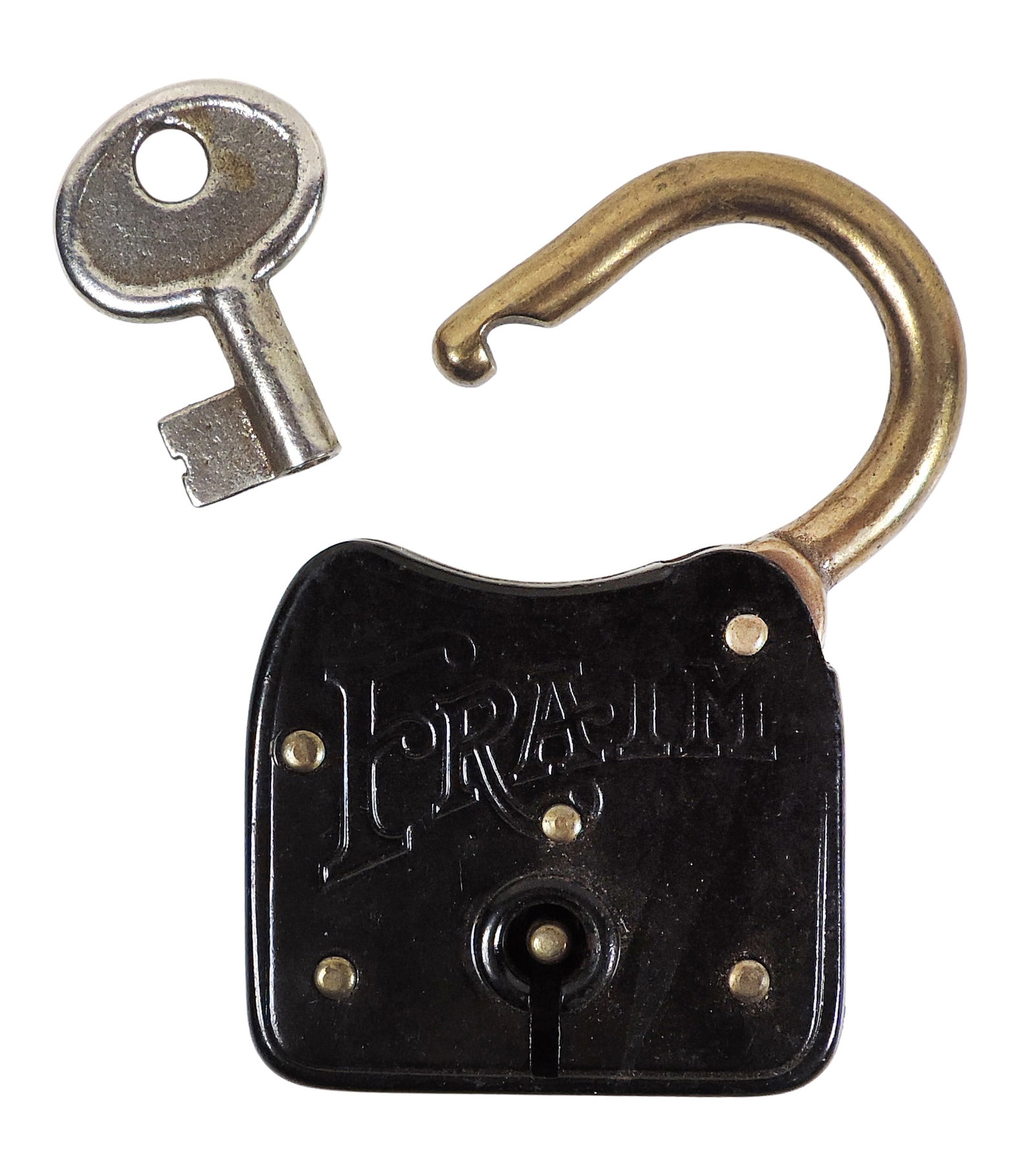 Rare Fraim Padlock w/orig key, New Old Stock w/orig black paint, early 1900's from an 1800's Nebr...: Rare Fraim Padlock w/orig key, New Old Stock w/orig black paint, early 1900's from an 1800's Nebraska hardware store, Mint cond, H 2 7/8 in x W 2 in.